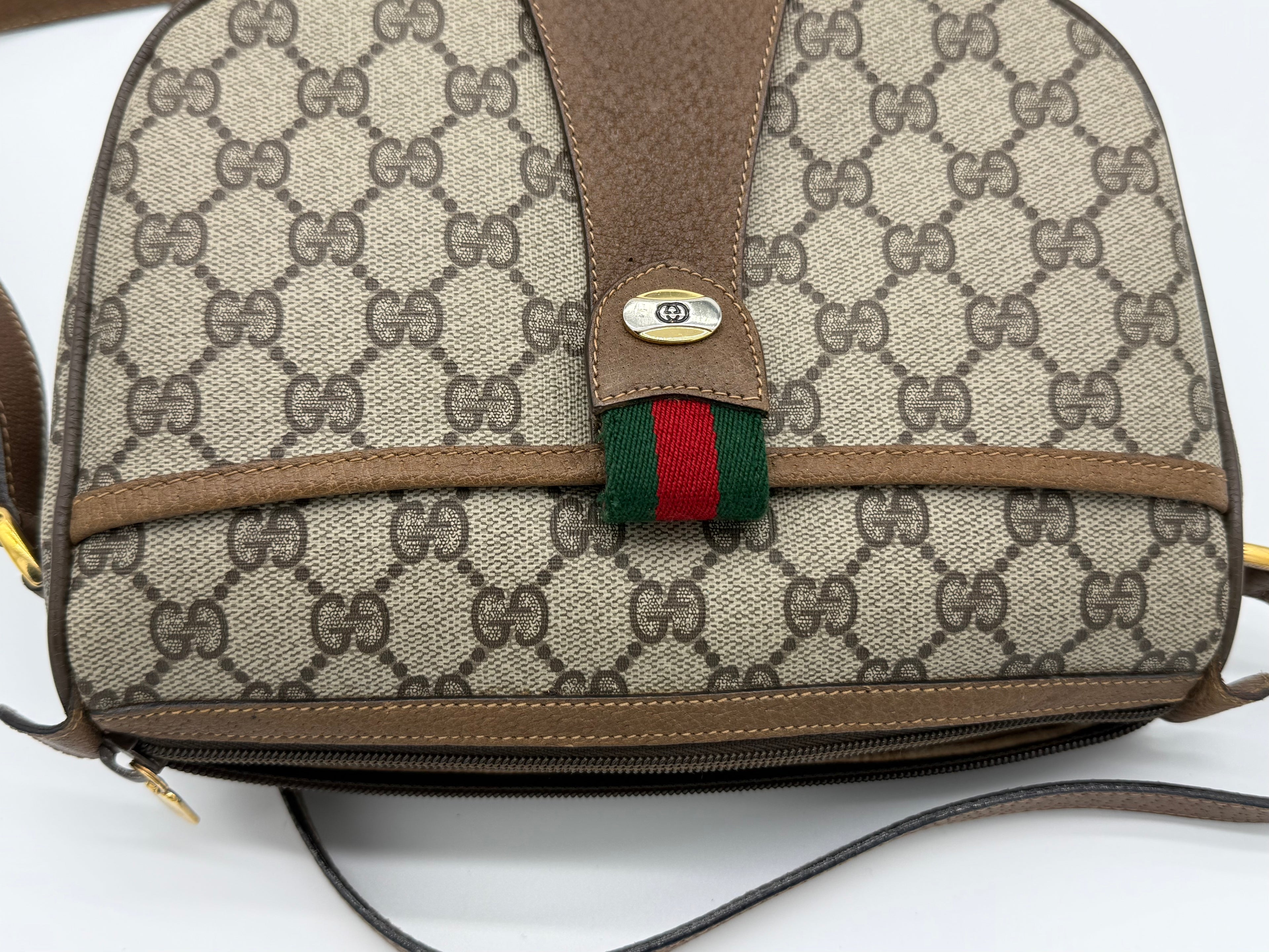 Gucci GG Supreme Web Sherry Line Shoulder Bag – Beige / Red / Gold (SKU: 152643)