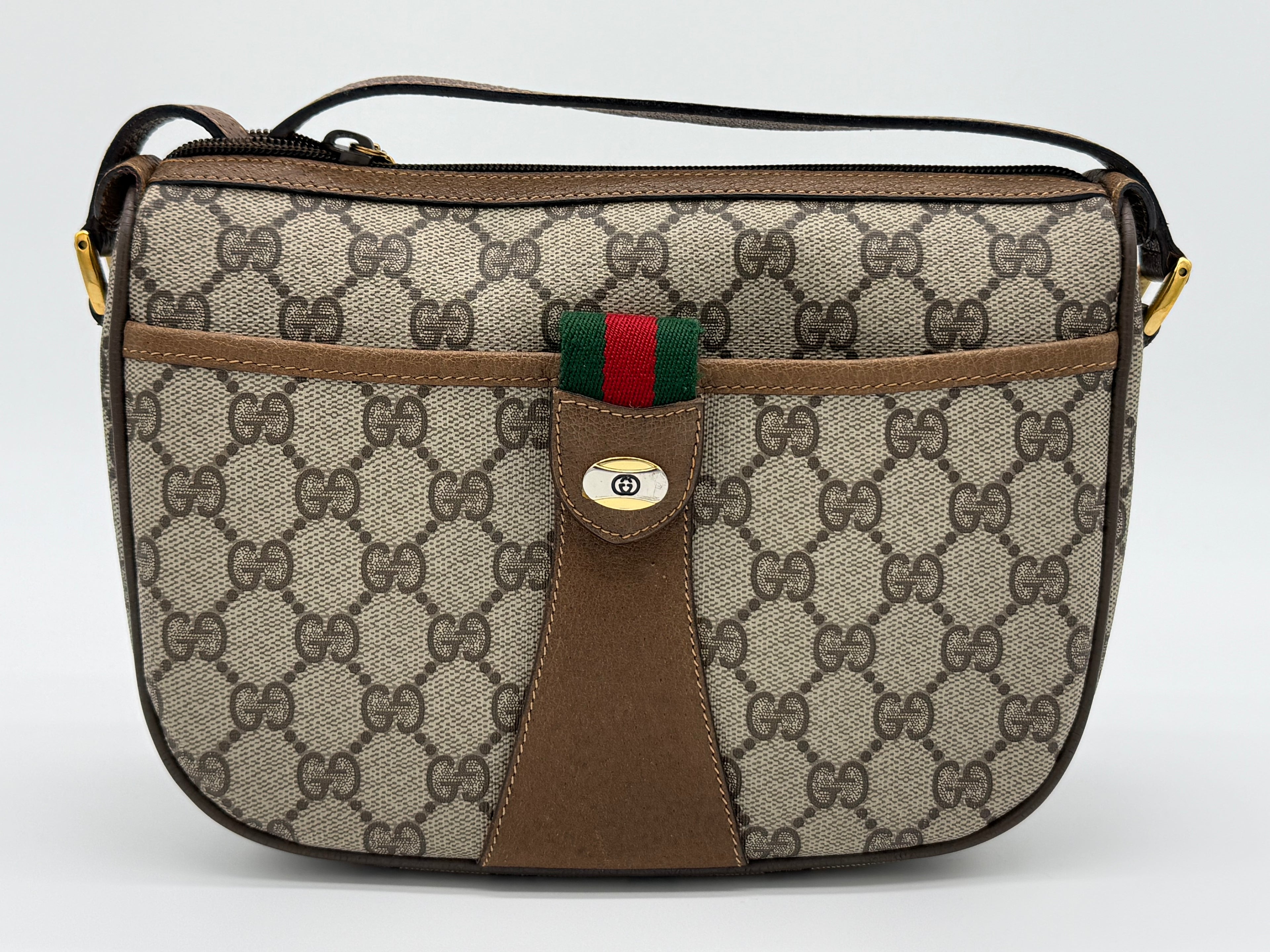 Gucci GG Supreme Web Sherry Line Shoulder Bag – Beige / Red / Gold (SKU: 152643)