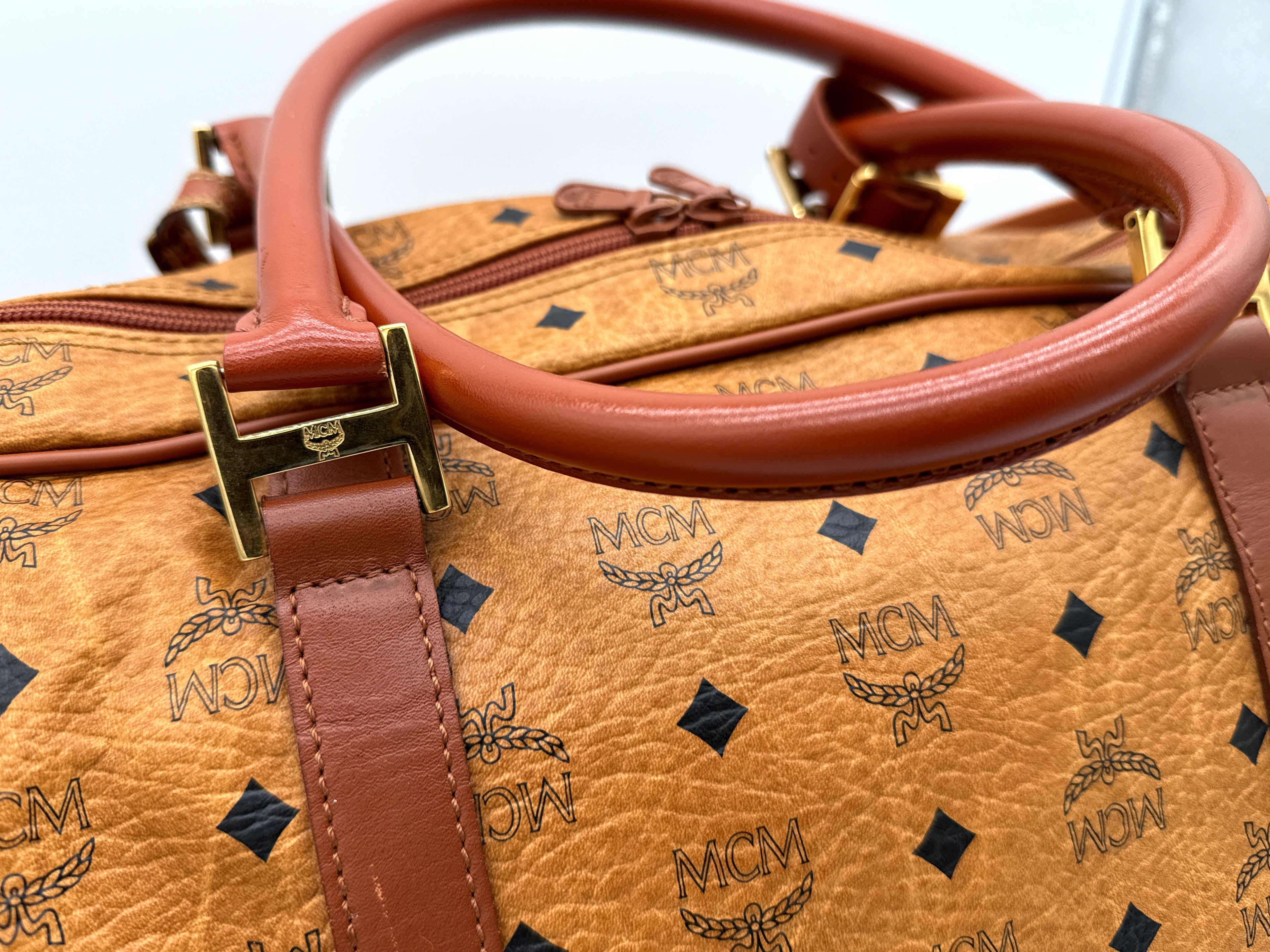 MCM Logogram Visetos Boston Bag – Brown/Gold (SKU: 121348)