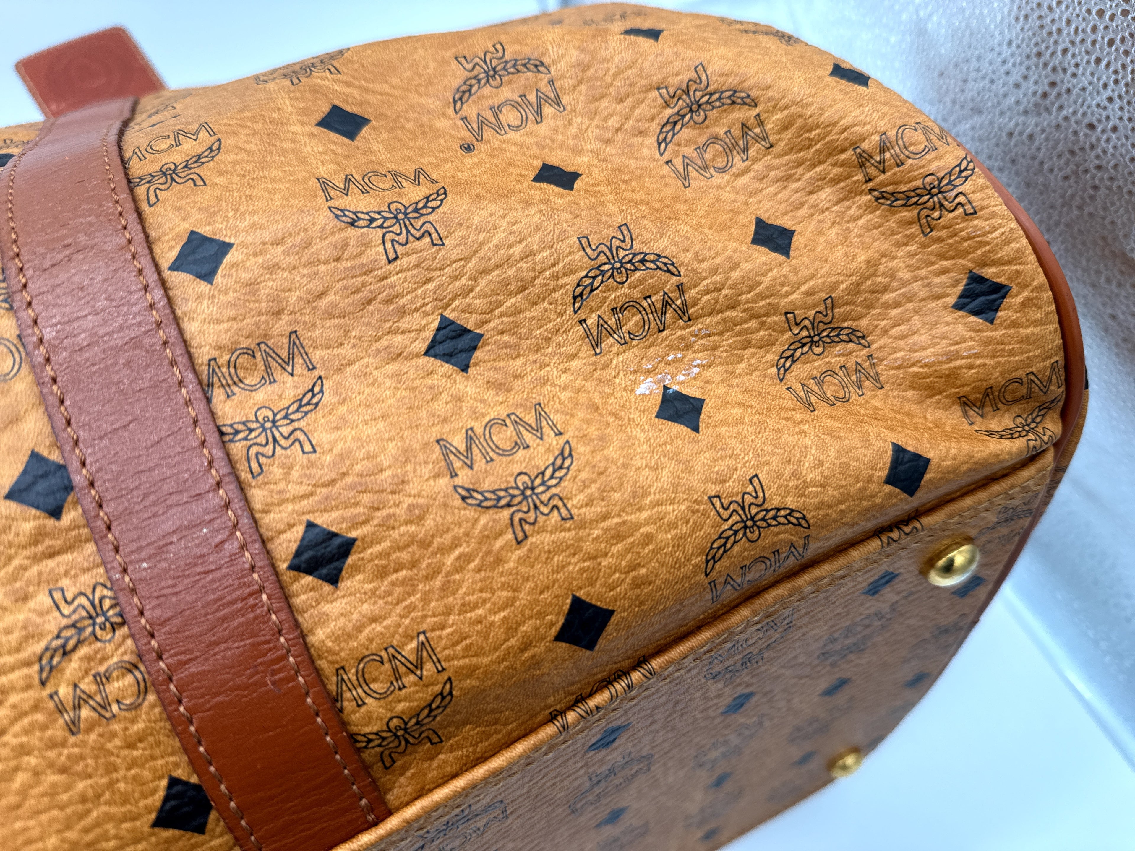 MCM Logogram Visetos Boston Bag – Brown/Gold (SKU: 121348)