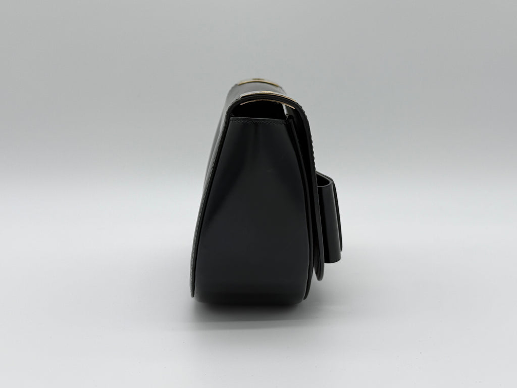 Salvatore Ferragamo Vara Shoulder Bag – Black Leather with Gold Hardware (SKU: gh921)