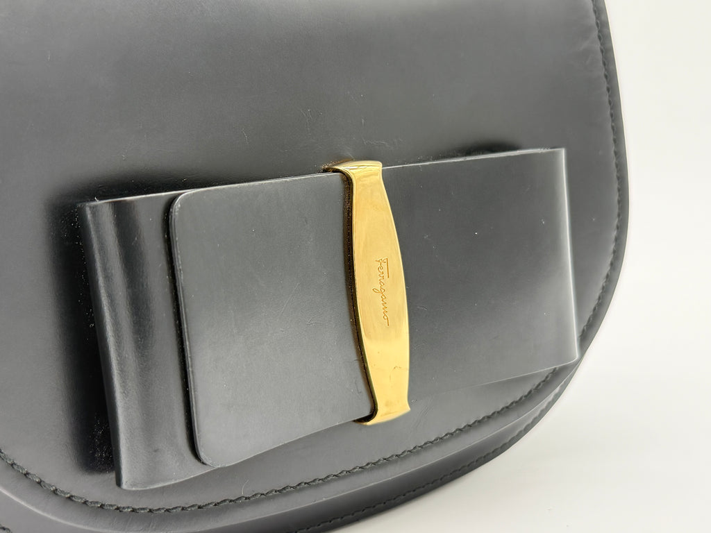 Salvatore Ferragamo Vara Shoulder Bag – Black Leather with Gold Hardware (SKU: gh921)