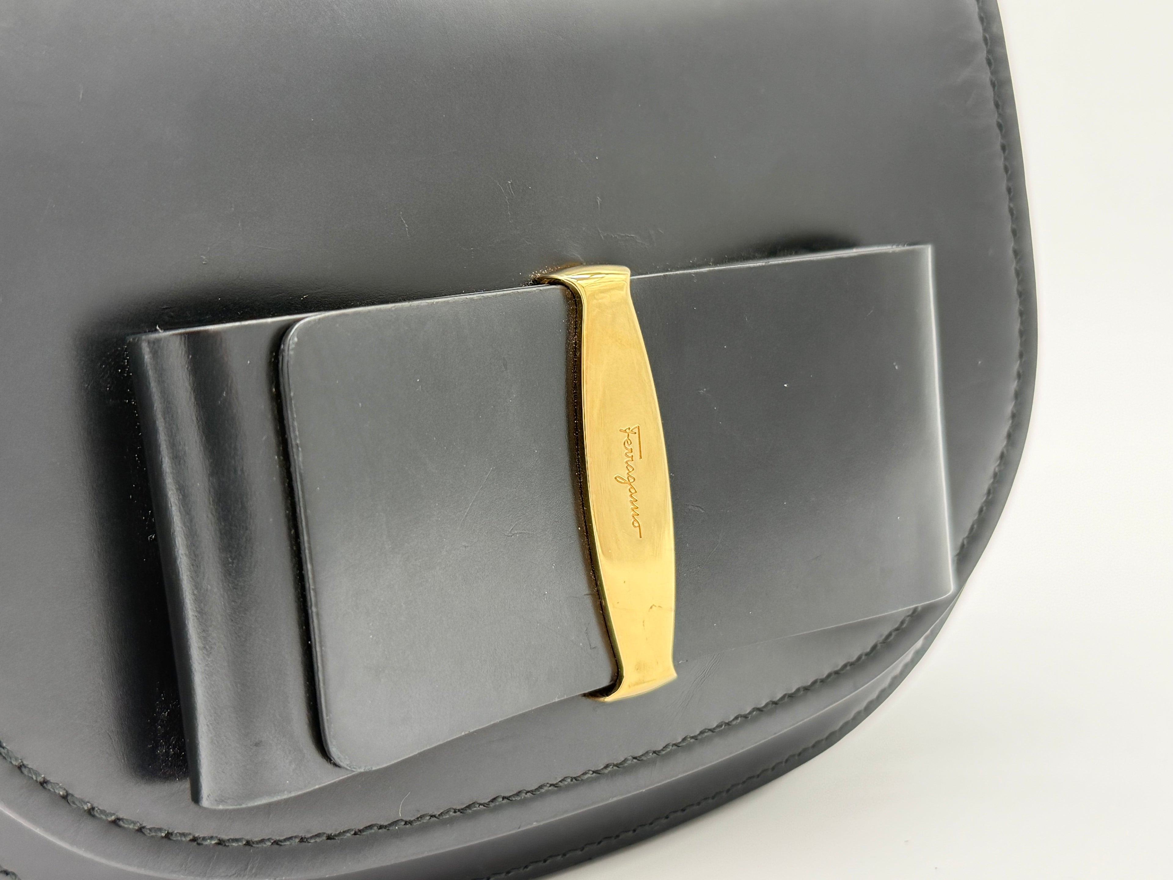 Salvatore Ferragamo Vara Shoulder Bag – Black Leather with Gold Hardware (SKU: gh921)