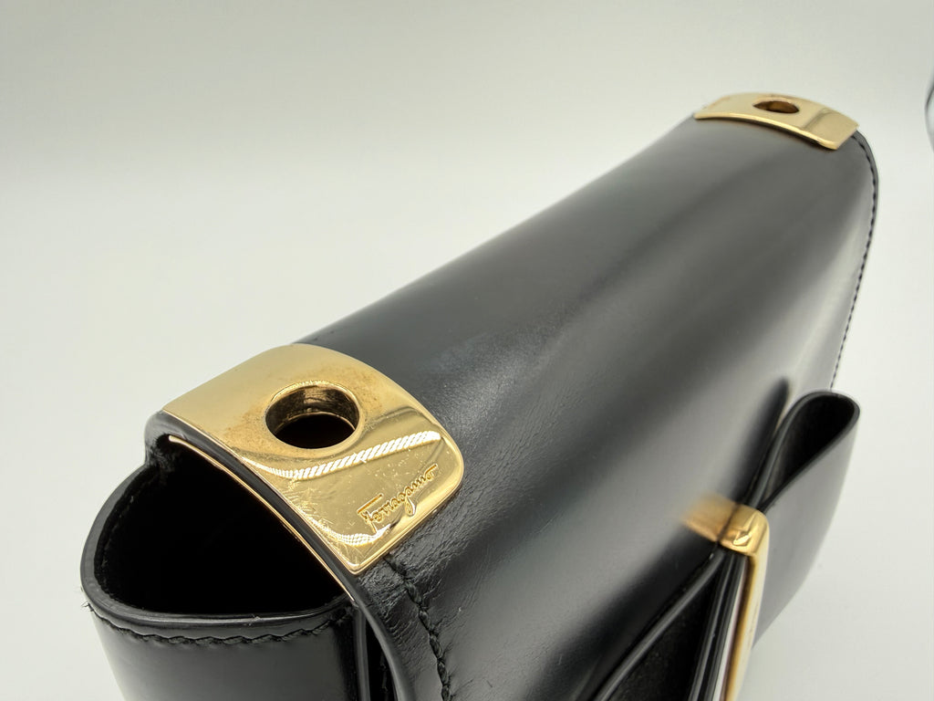 Salvatore Ferragamo Vara Shoulder Bag – Black Leather with Gold Hardware (SKU: gh921)