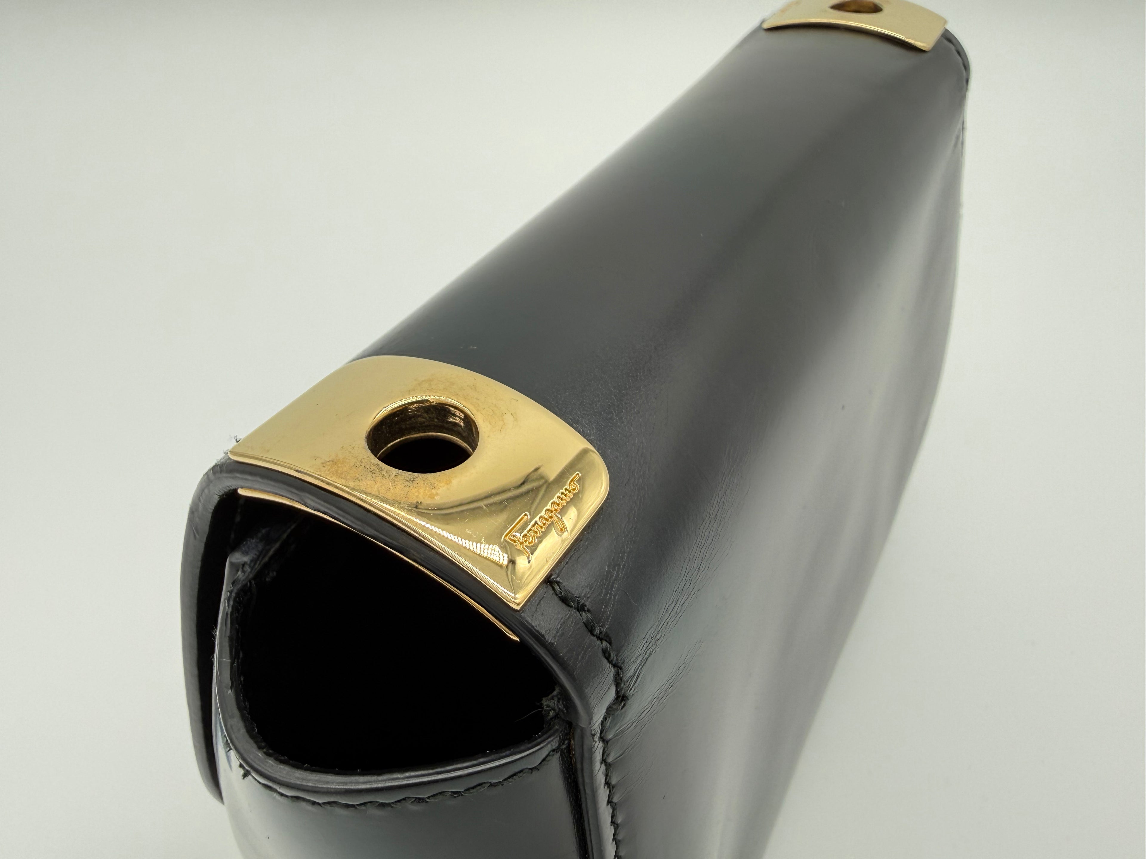 Salvatore Ferragamo Vara Shoulder Bag – Black Leather with Gold Hardware (SKU: gh921)