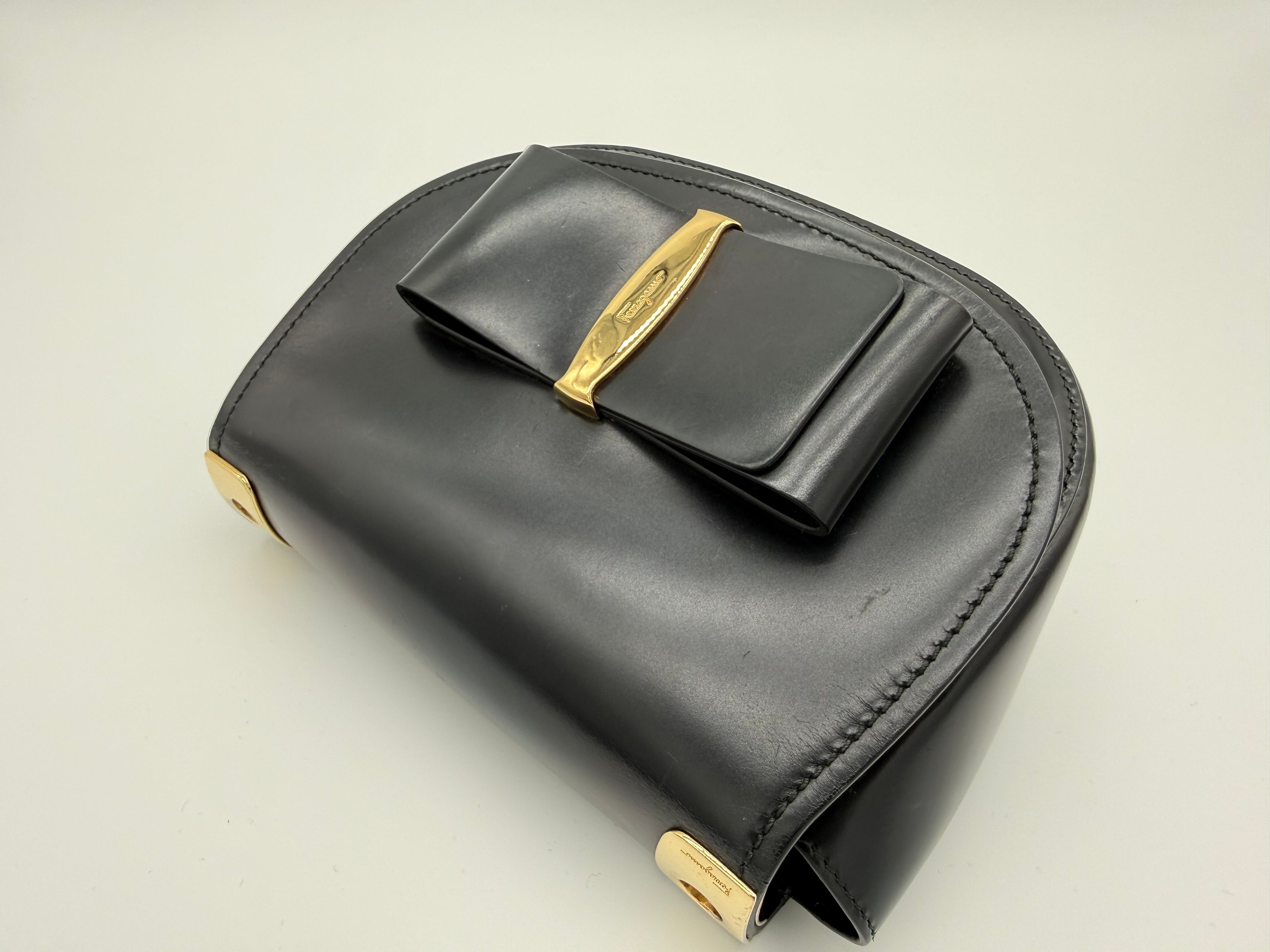 Salvatore Ferragamo Vara Shoulder Bag – Black Leather with Gold Hardware (SKU: gh921)