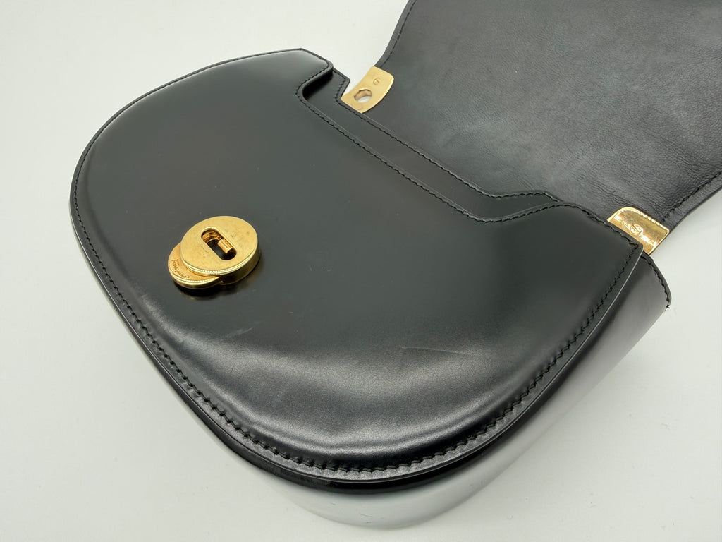 Salvatore Ferragamo Vara Shoulder Bag – Black Leather with Gold Hardware (SKU: gh921)