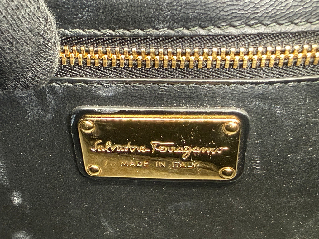 Salvatore Ferragamo Vara Shoulder Bag – Black Leather with Gold Hardware (SKU: gh921)