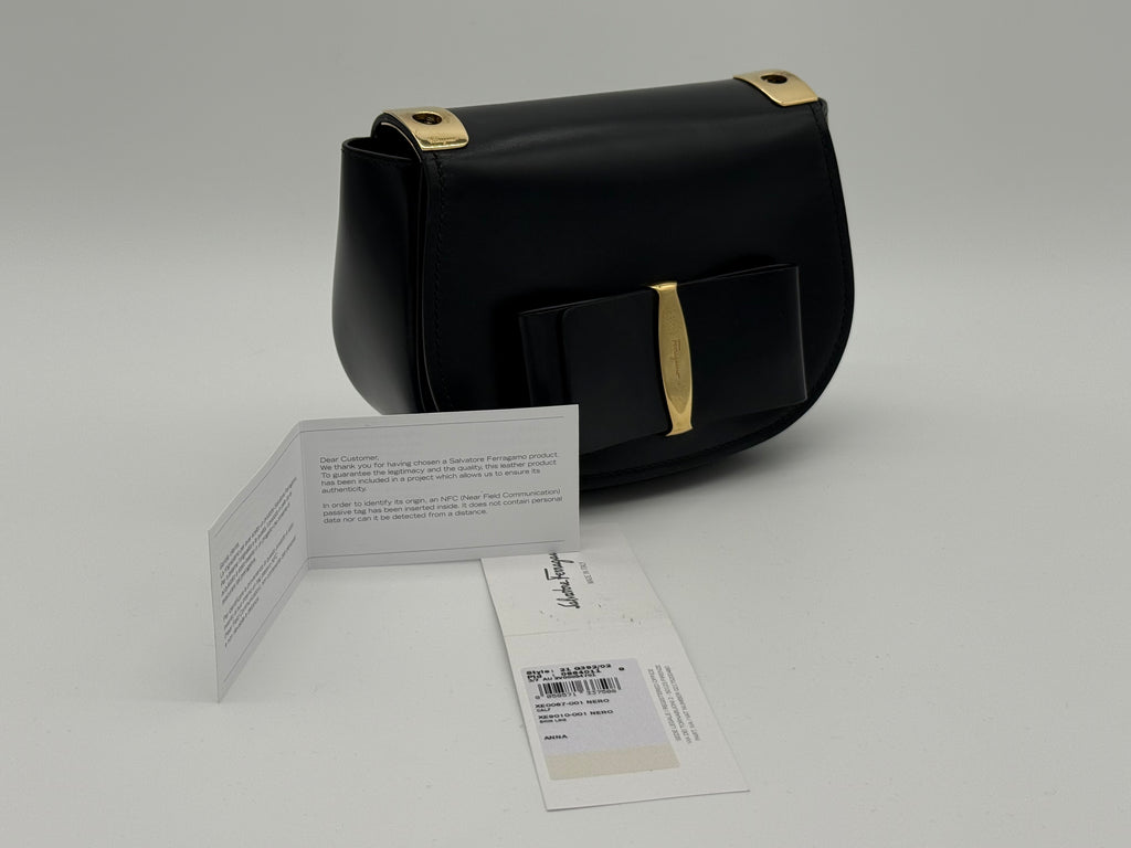 Salvatore Ferragamo Vara Shoulder Bag – Black Leather with Gold Hardware (SKU: gh921)