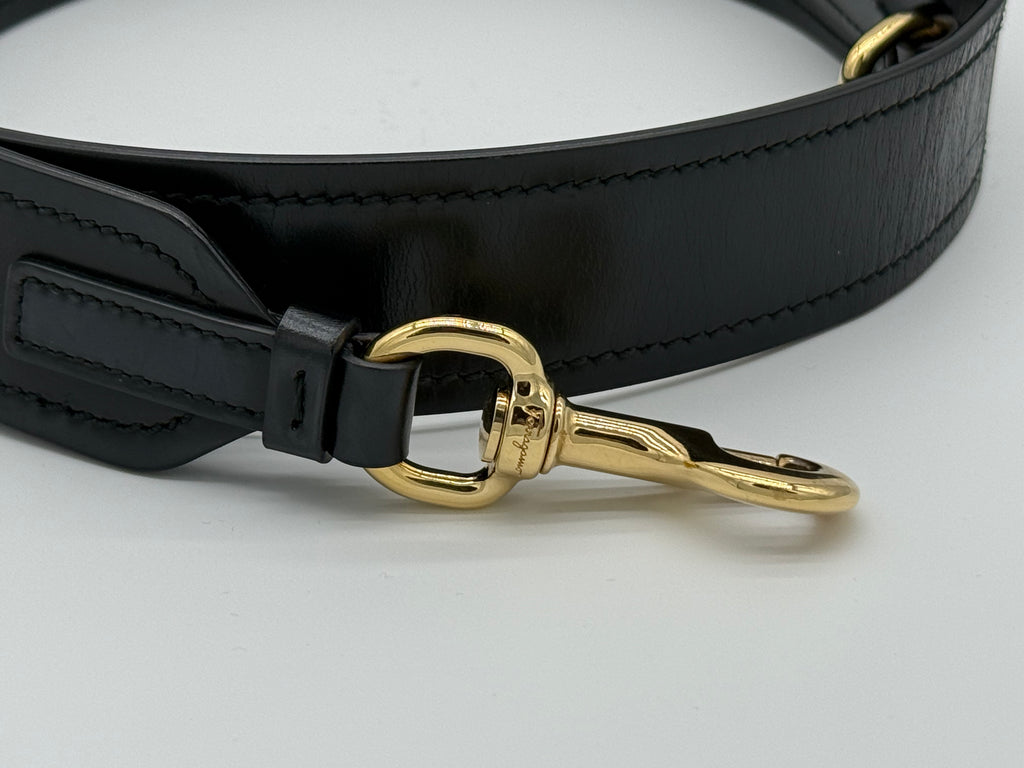 Salvatore Ferragamo Vara Shoulder Bag – Black Leather with Gold Hardware (SKU: gh921)