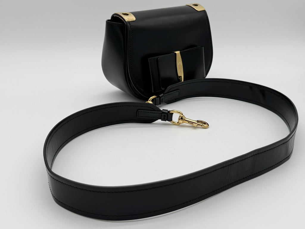 Salvatore Ferragamo Vara Shoulder Bag – Black Leather with Gold Hardware (SKU: gh921)