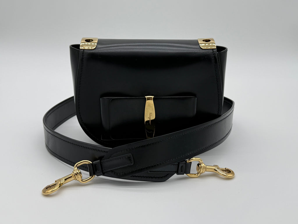 Salvatore Ferragamo Vara Shoulder Bag – Black Leather with Gold Hardware (SKU: gh921)