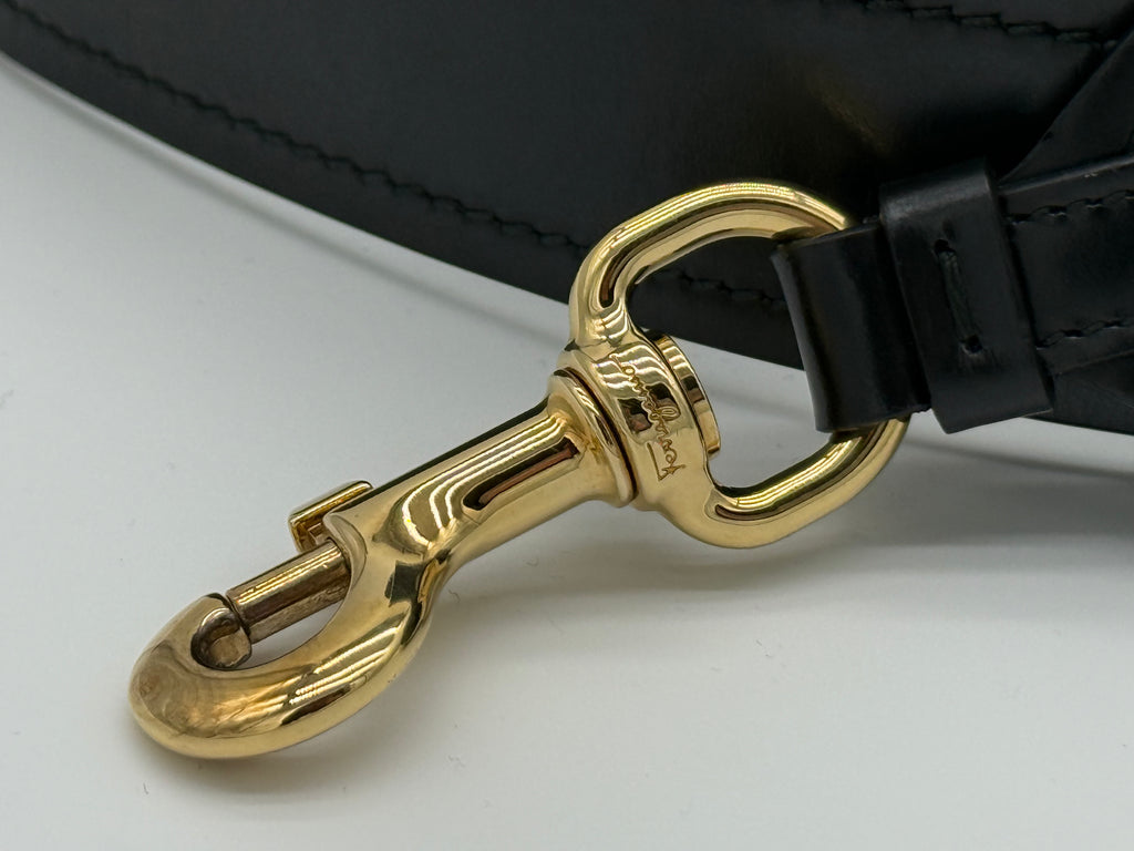 Salvatore Ferragamo Vara Shoulder Bag – Black Leather with Gold Hardware (SKU: gh921)