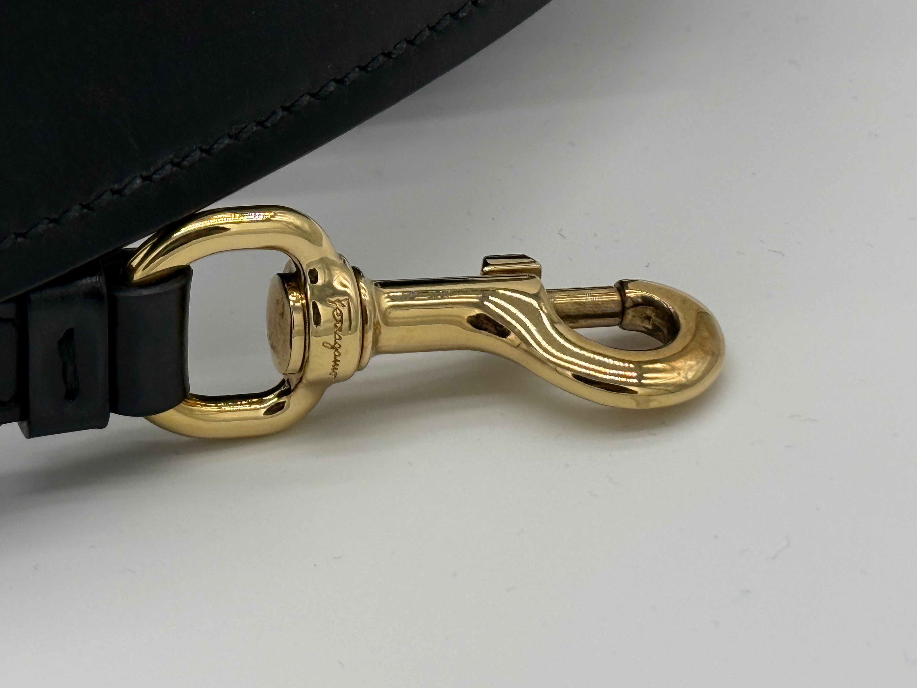 Salvatore Ferragamo Vara Shoulder Bag – Black Leather with Gold Hardware (SKU: gh921)