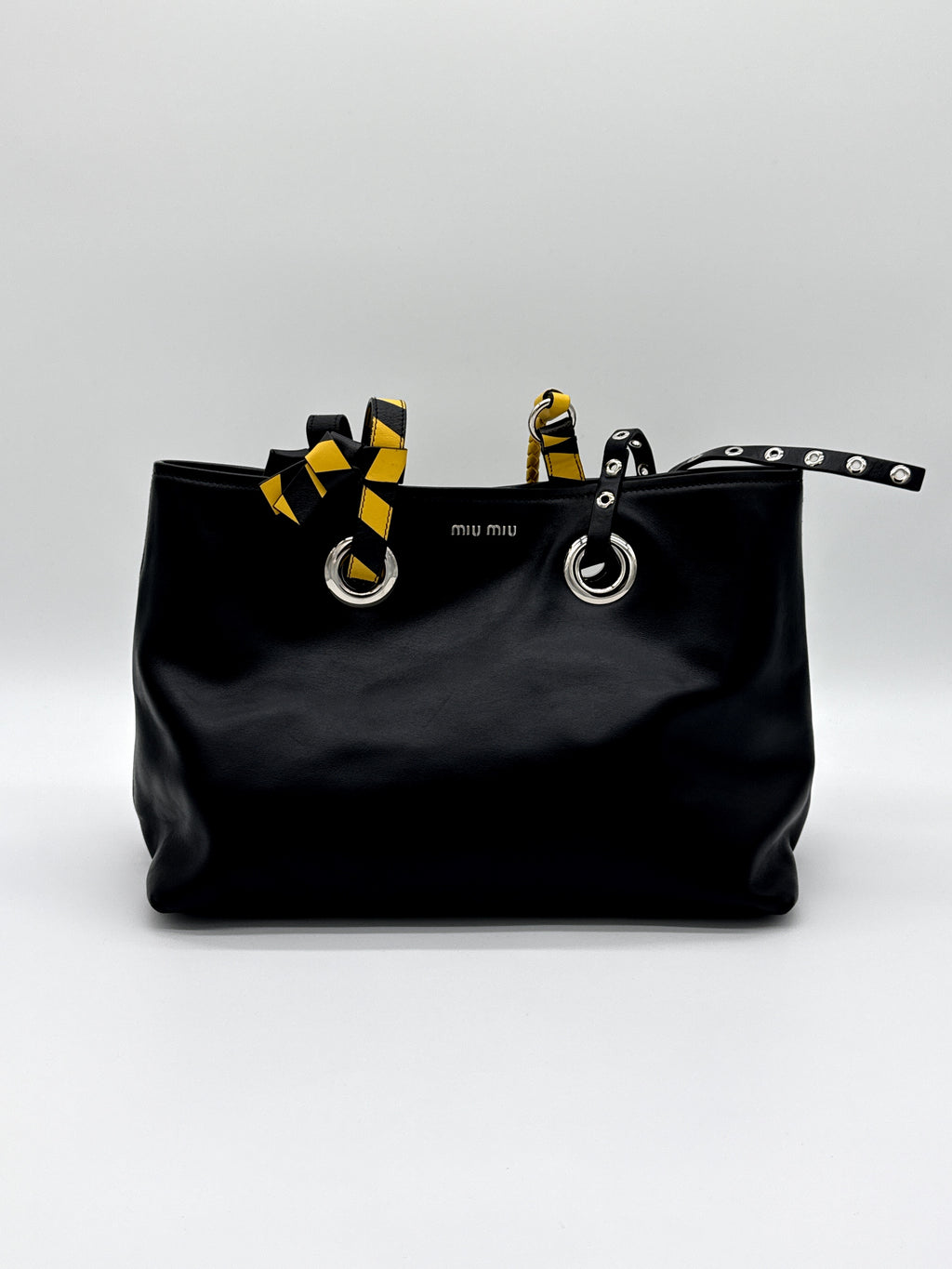 Miu Miu Leather Tote Bag – Black with Silver Hardware (SKU: 145940V)