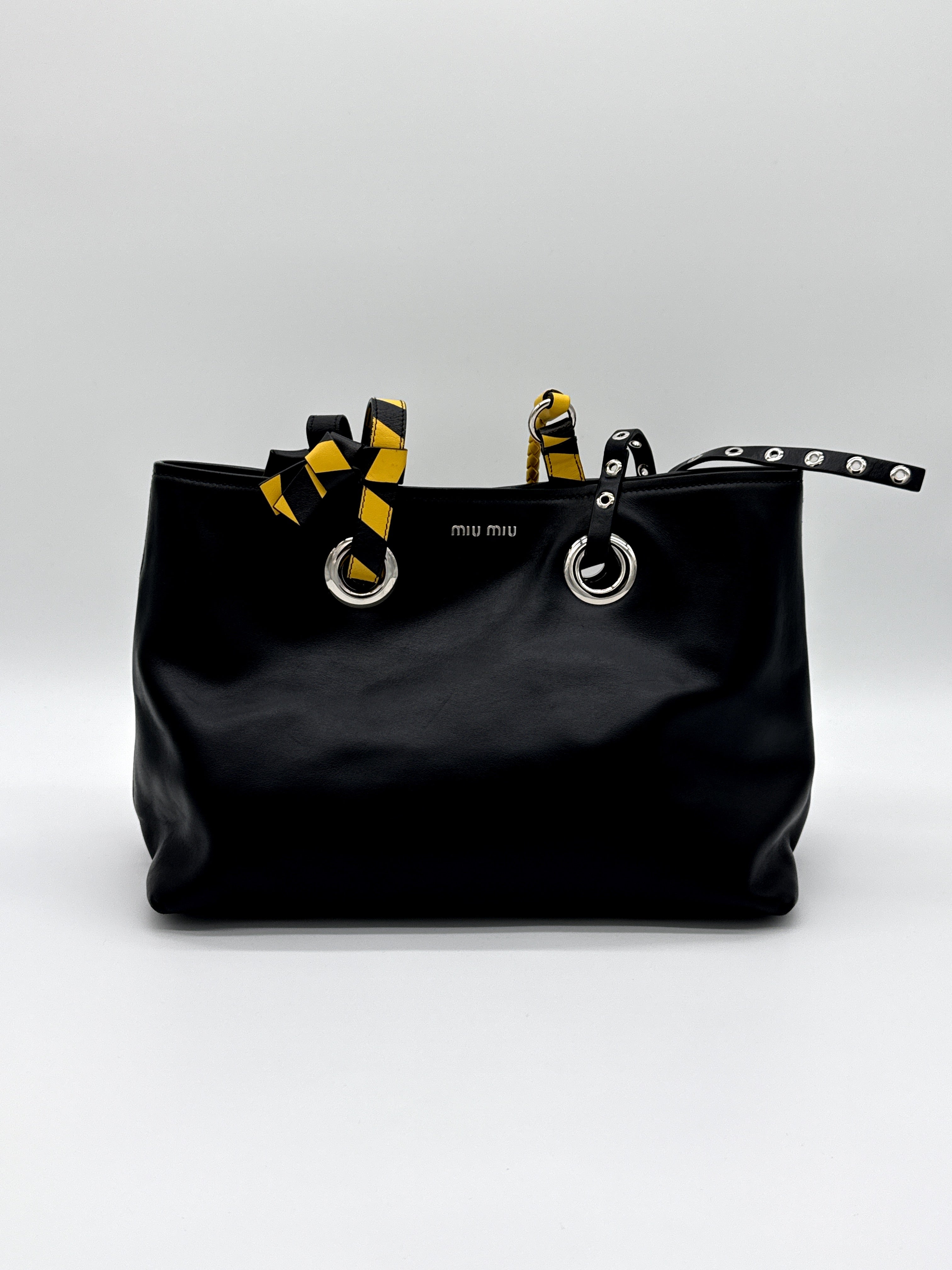 Miu Miu Leather Tote Bag – Black with Silver Hardware (SKU: 145940V)