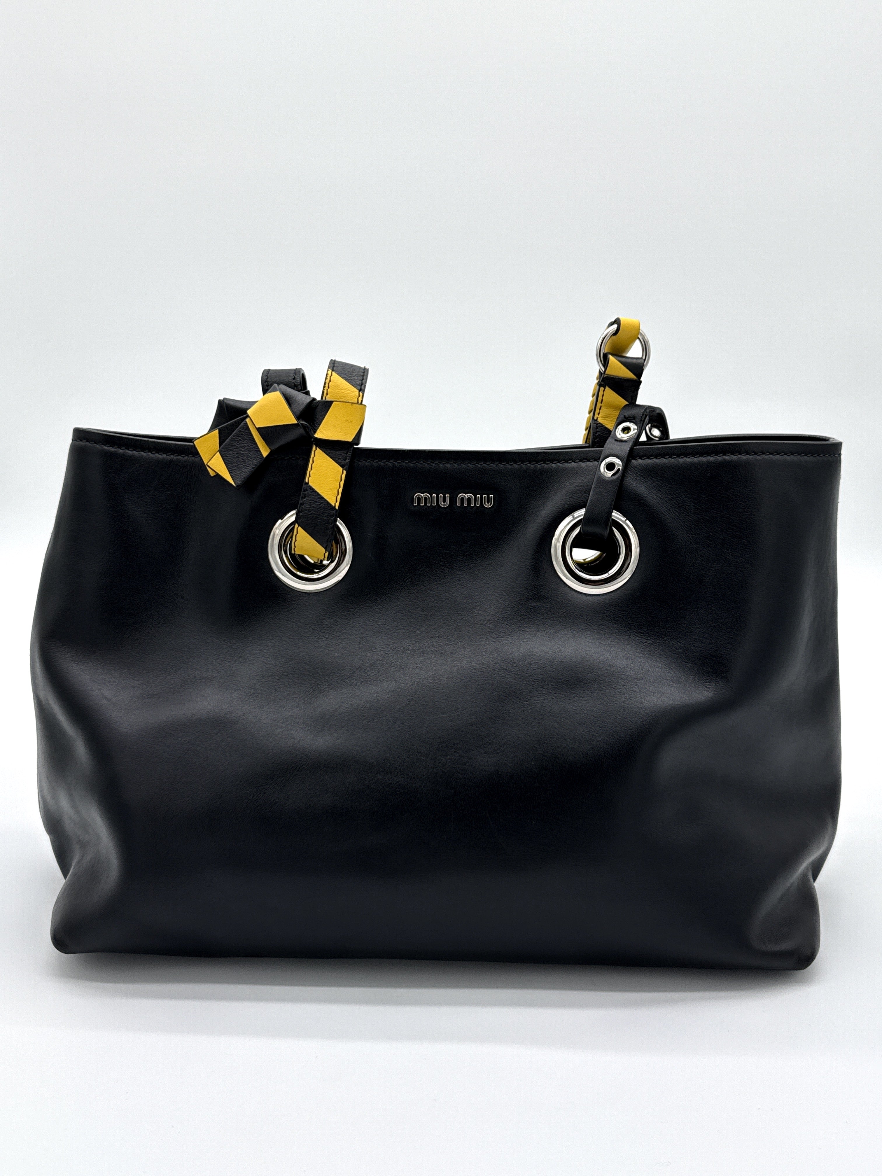 Miu Miu Leather Tote Bag – Black with Silver Hardware (SKU: 145940V)