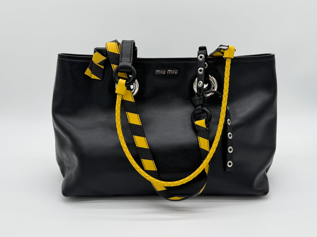 Miu Miu Leather Tote Bag – Black with Silver Hardware (SKU: 145940V)