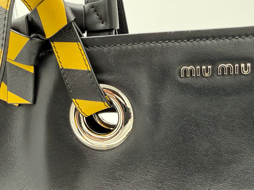 Miu Miu Leather Tote Bag – Black with Silver Hardware (SKU: 145940V)