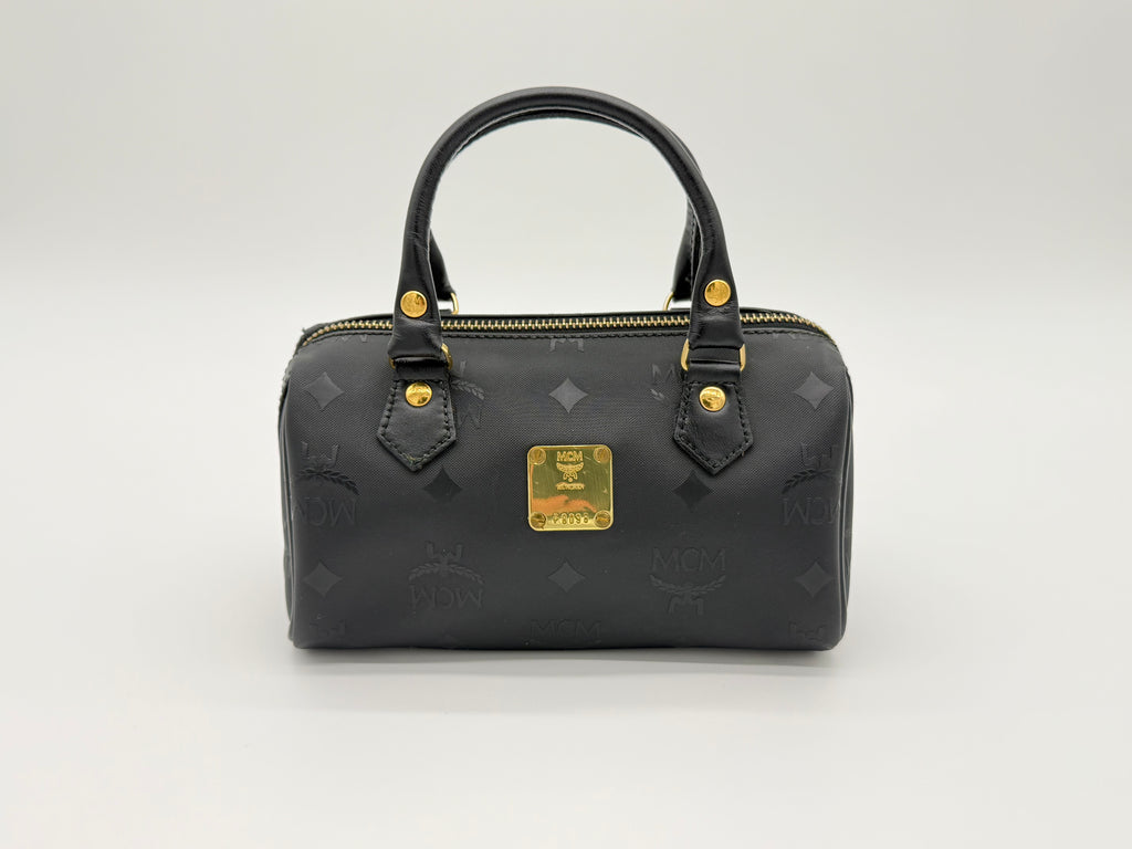 MCM Visetos Logogram 2-Way Hand Bag – Black PVC Leather with Gold Hardware (SKU: gh828)