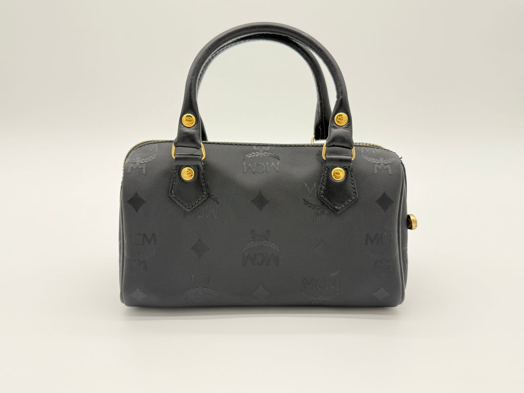 MCM Visetos Logogram 2-Way Hand Bag – Black PVC Leather with Gold Hardware (SKU: gh828)