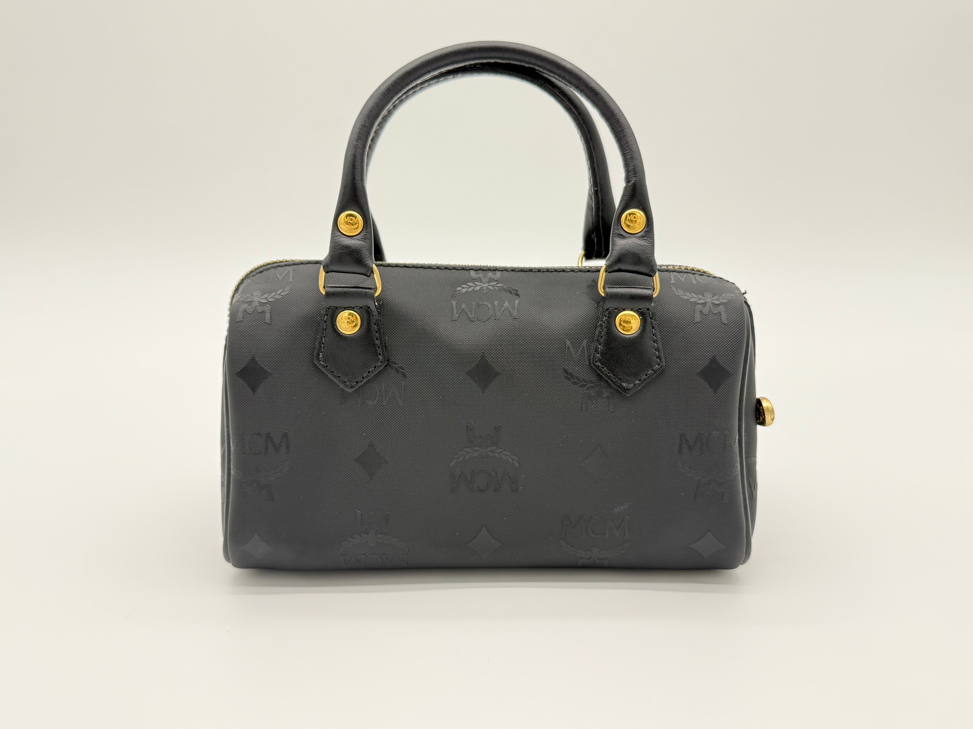 MCM Visetos Logogram 2-Way Hand Bag – Black PVC Leather with Gold Hardware (SKU: gh828)