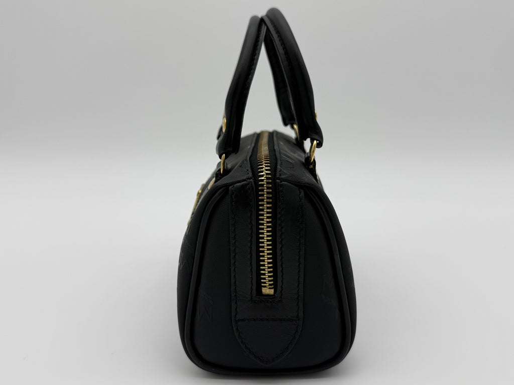 MCM Visetos Logogram 2-Way Hand Bag – Black PVC Leather with Gold Hardware (SKU: gh828)