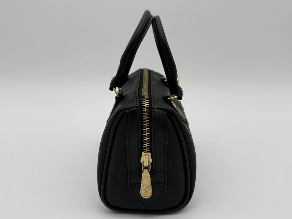 MCM Visetos Logogram 2-Way Hand Bag – Black PVC Leather with Gold Hardware (SKU: gh828)