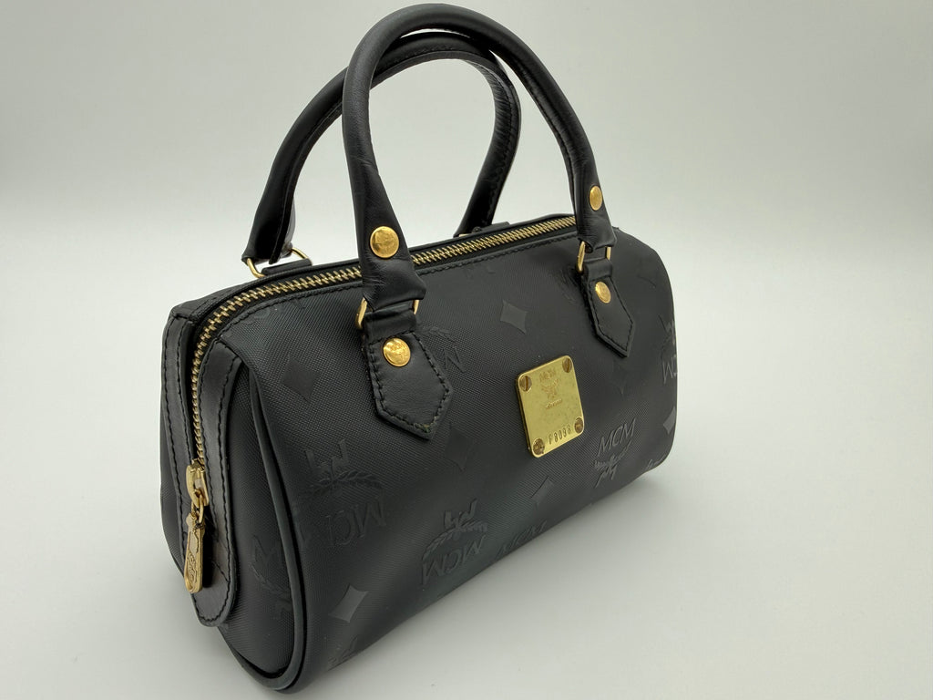 MCM Visetos Logogram 2-Way Hand Bag – Black PVC Leather with Gold Hardware (SKU: gh828)