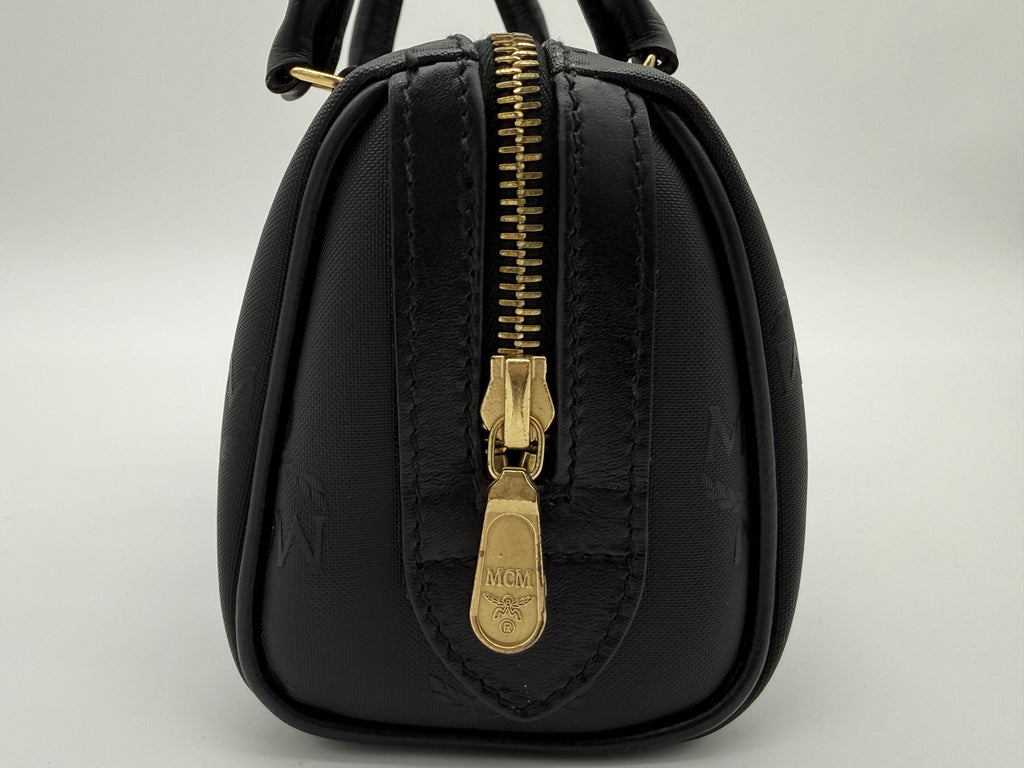 MCM Visetos Logogram 2-Way Hand Bag – Black PVC Leather with Gold Hardware (SKU: gh828)