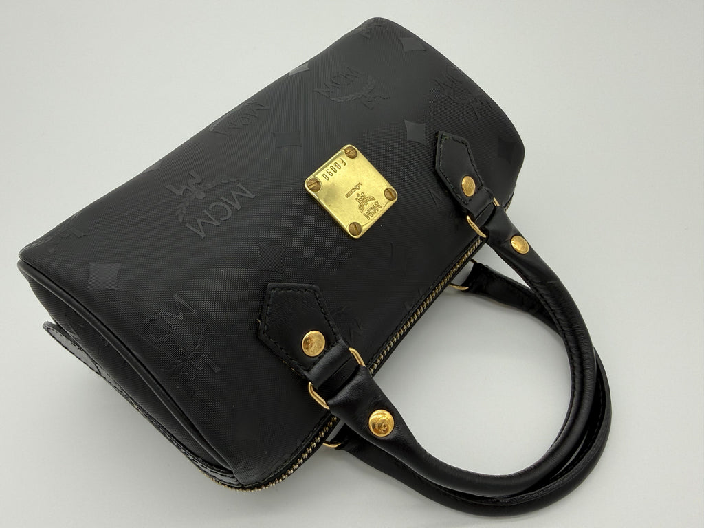 MCM Visetos Logogram 2-Way Hand Bag – Black PVC Leather with Gold Hardware (SKU: gh828)