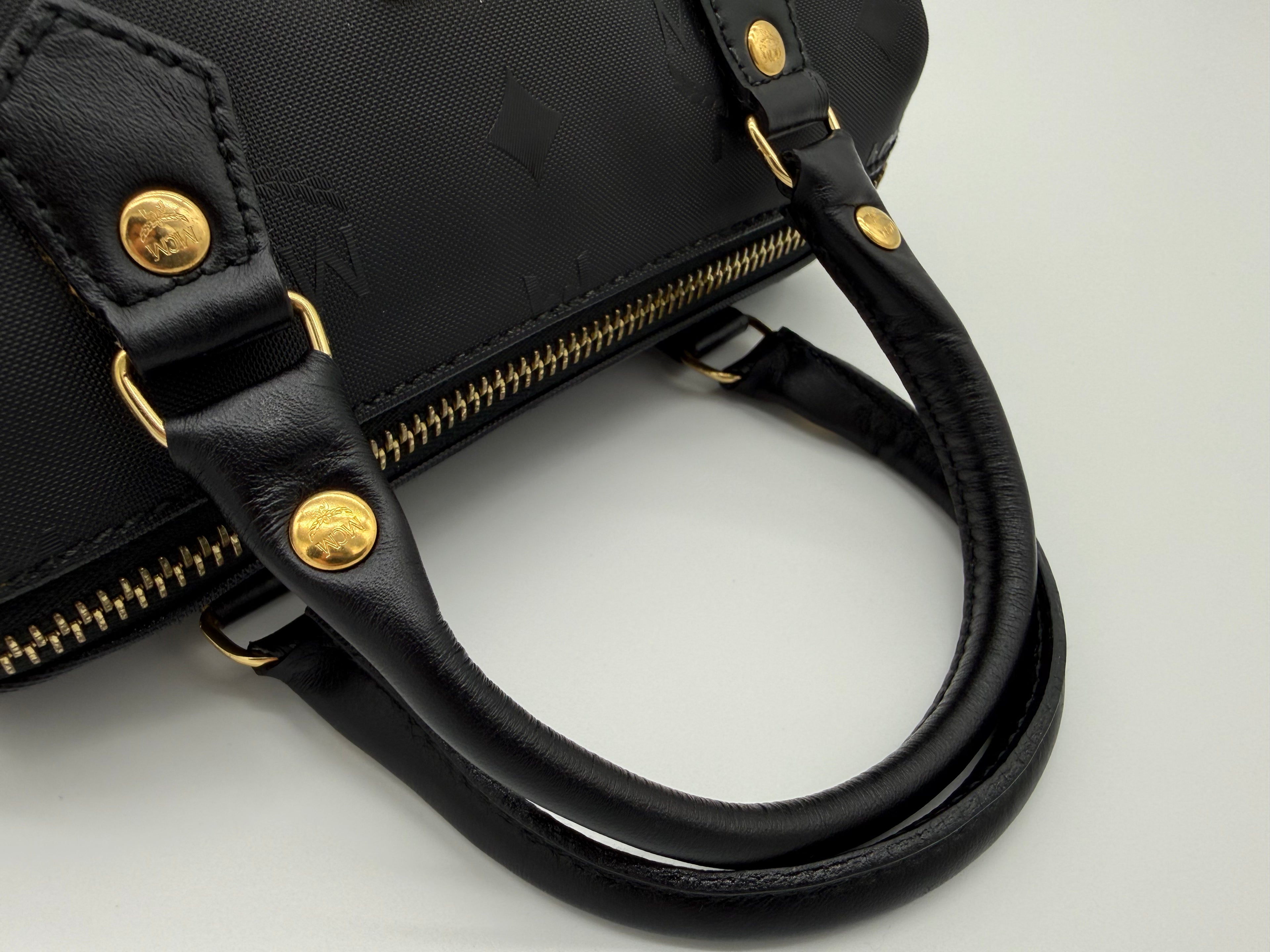 MCM Visetos Logogram 2-Way Hand Bag – Black PVC Leather with Gold Hardware (SKU: gh828)