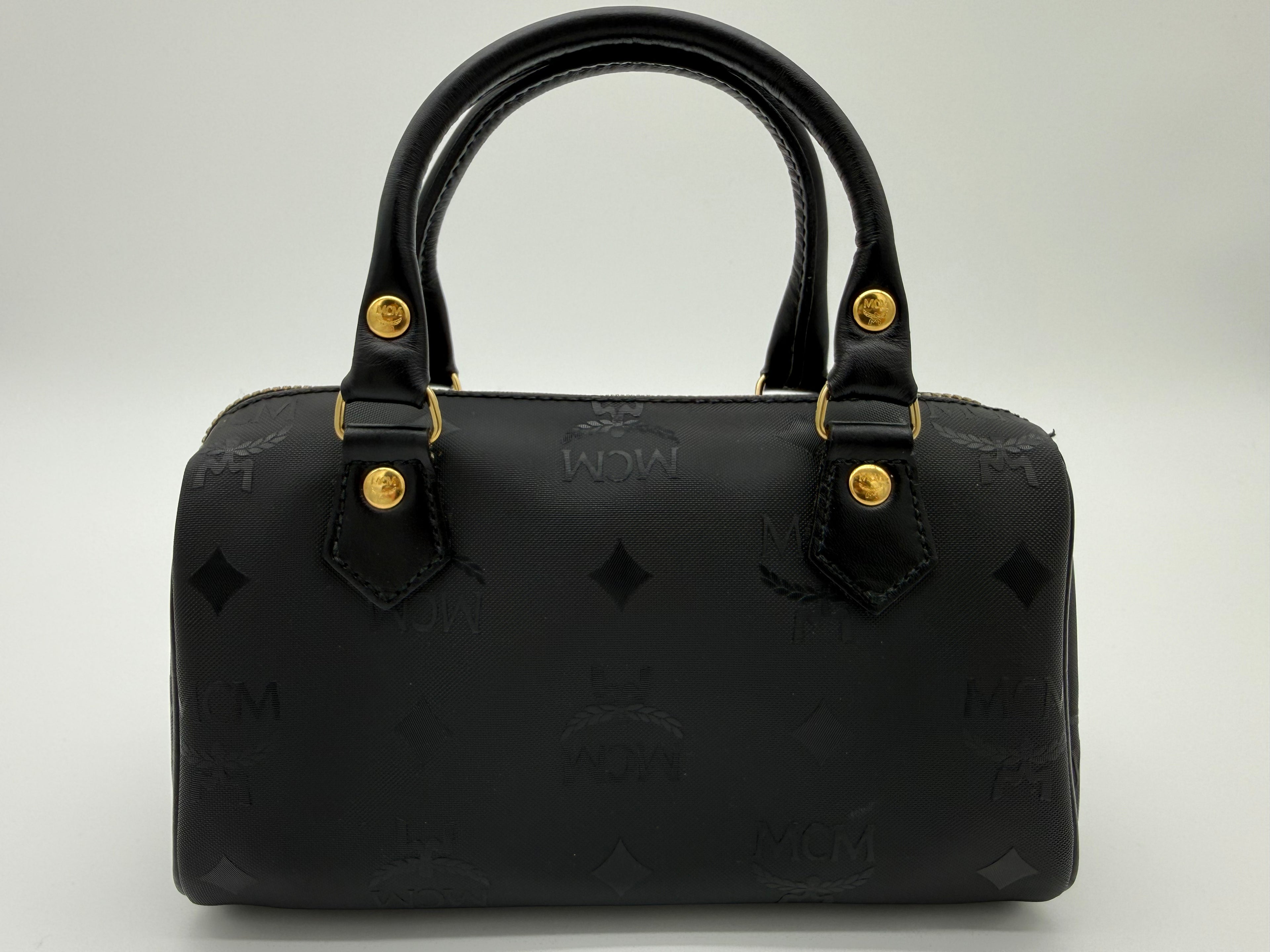 MCM Visetos Logogram 2-Way Hand Bag – Black PVC Leather with Gold Hardware (SKU: gh828)