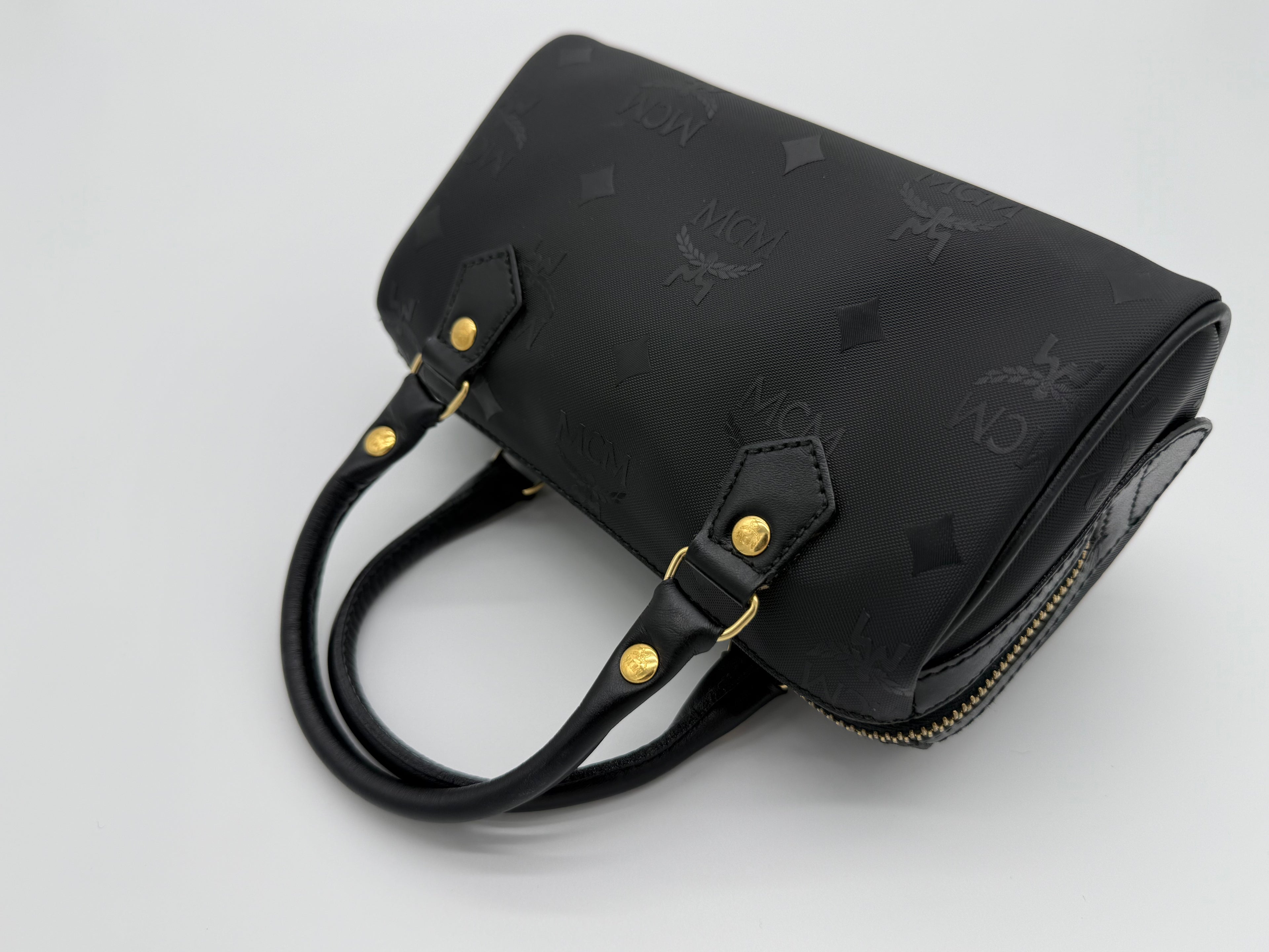MCM Visetos Logogram 2-Way Hand Bag – Black PVC Leather with Gold Hardware (SKU: gh828)