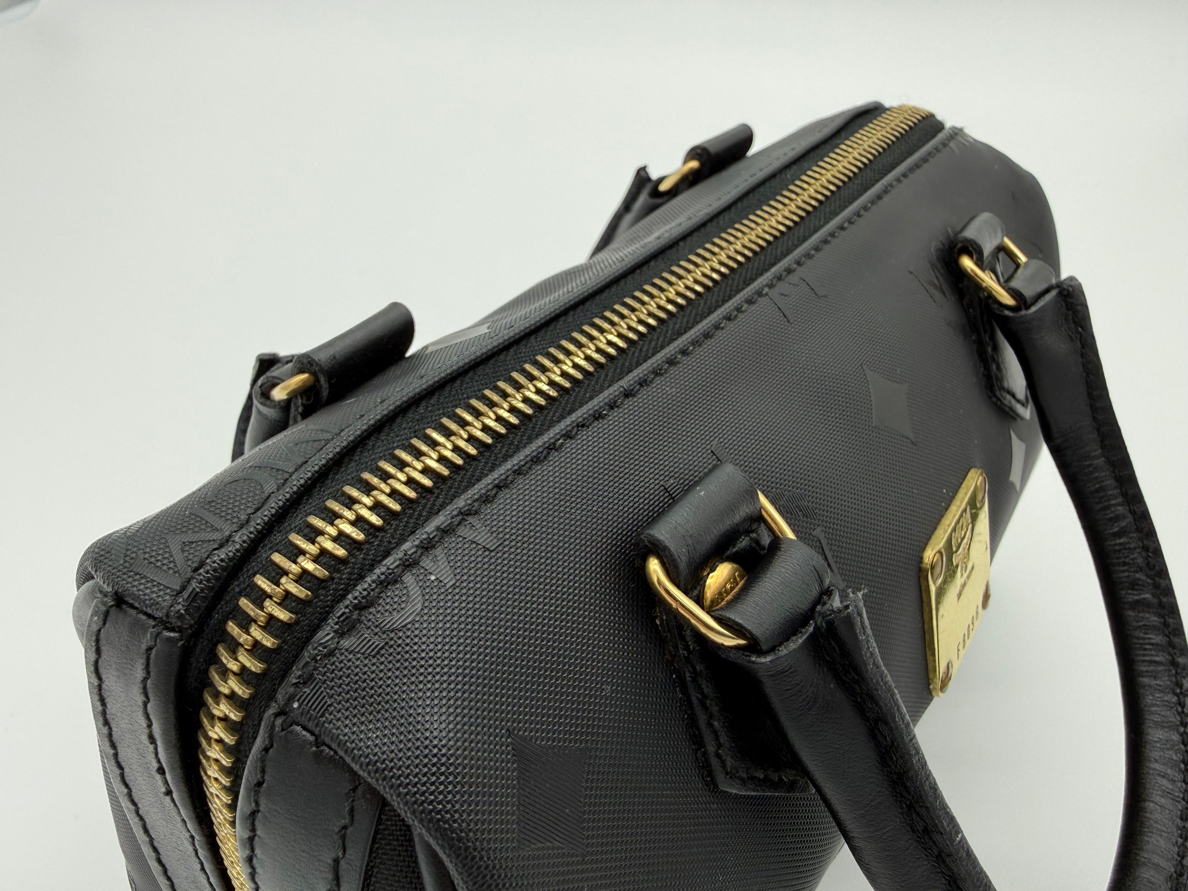 MCM Visetos Logogram 2-Way Hand Bag – Black PVC Leather with Gold Hardware (SKU: gh828)