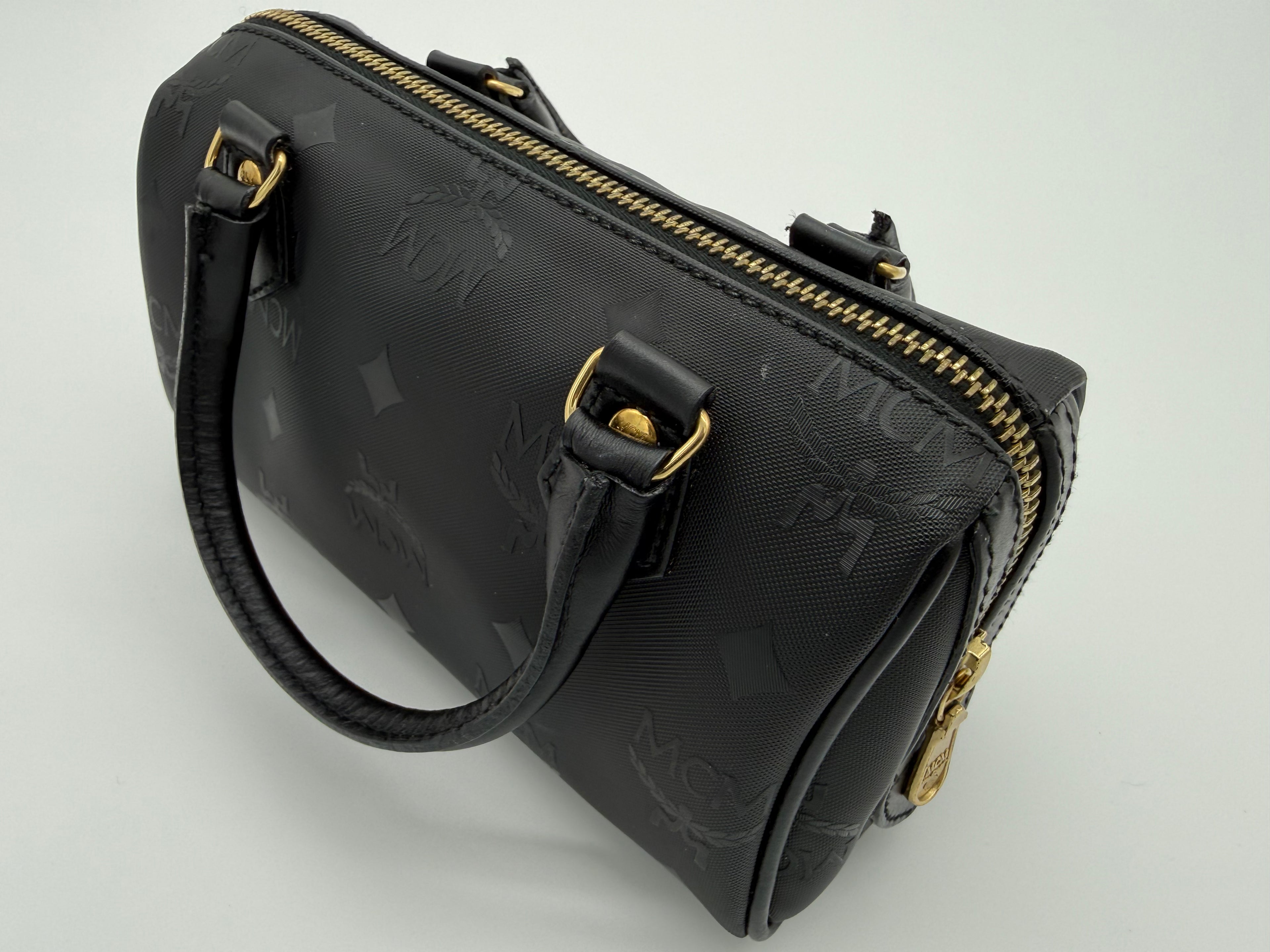 MCM Visetos Logogram 2-Way Hand Bag – Black PVC Leather with Gold Hardware (SKU: gh828)