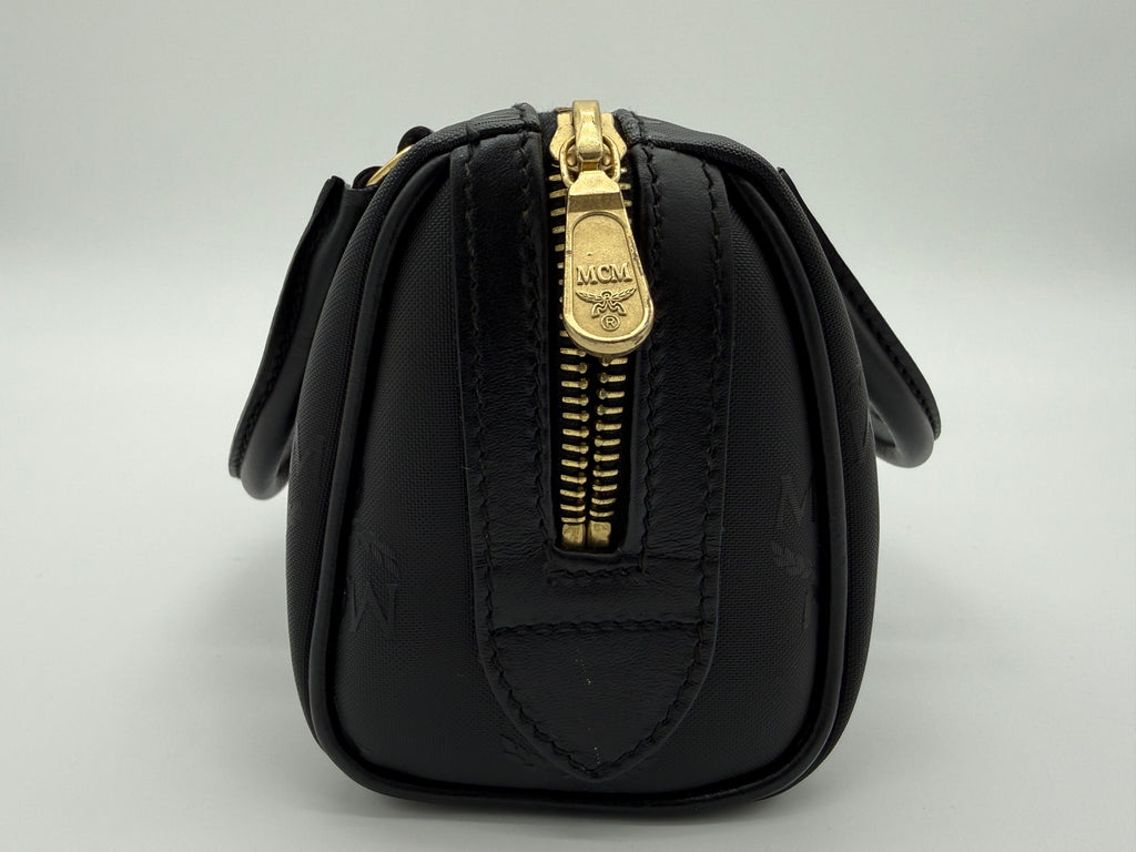 MCM Visetos Logogram 2-Way Hand Bag – Black PVC Leather with Gold Hardware (SKU: gh828)