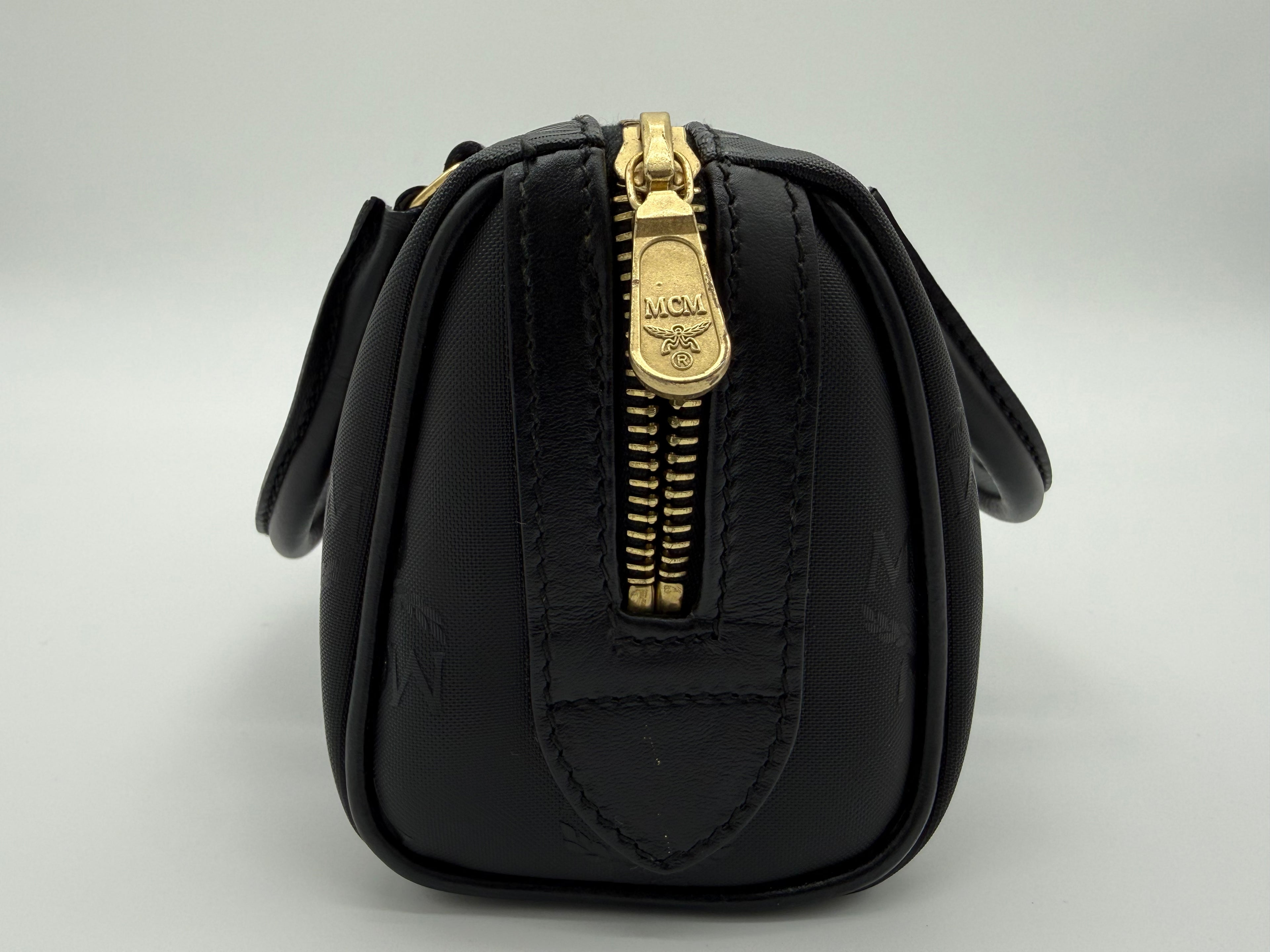 MCM Visetos Logogram 2-Way Hand Bag – Black PVC Leather with Gold Hardware (SKU: gh828)