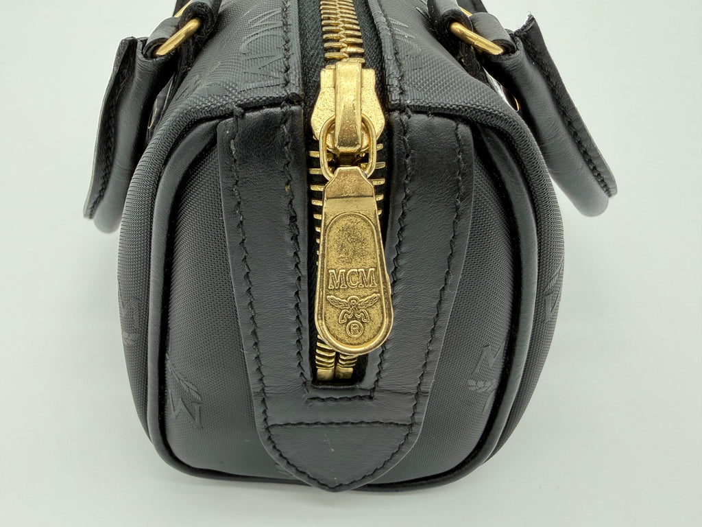 MCM Visetos Logogram 2-Way Hand Bag – Black PVC Leather with Gold Hardware (SKU: gh828)