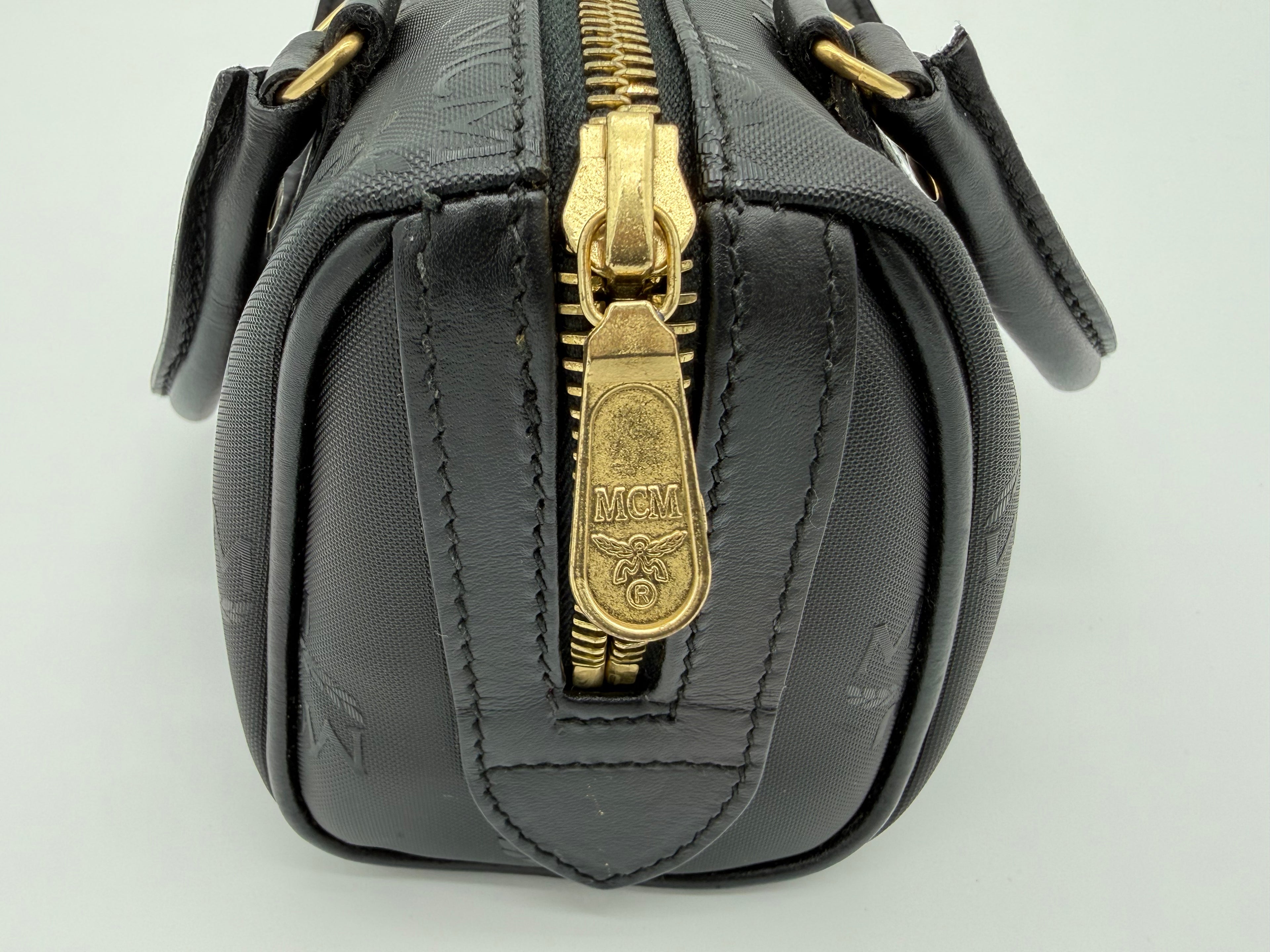 MCM Visetos Logogram 2-Way Hand Bag – Black PVC Leather with Gold Hardware (SKU: gh828)