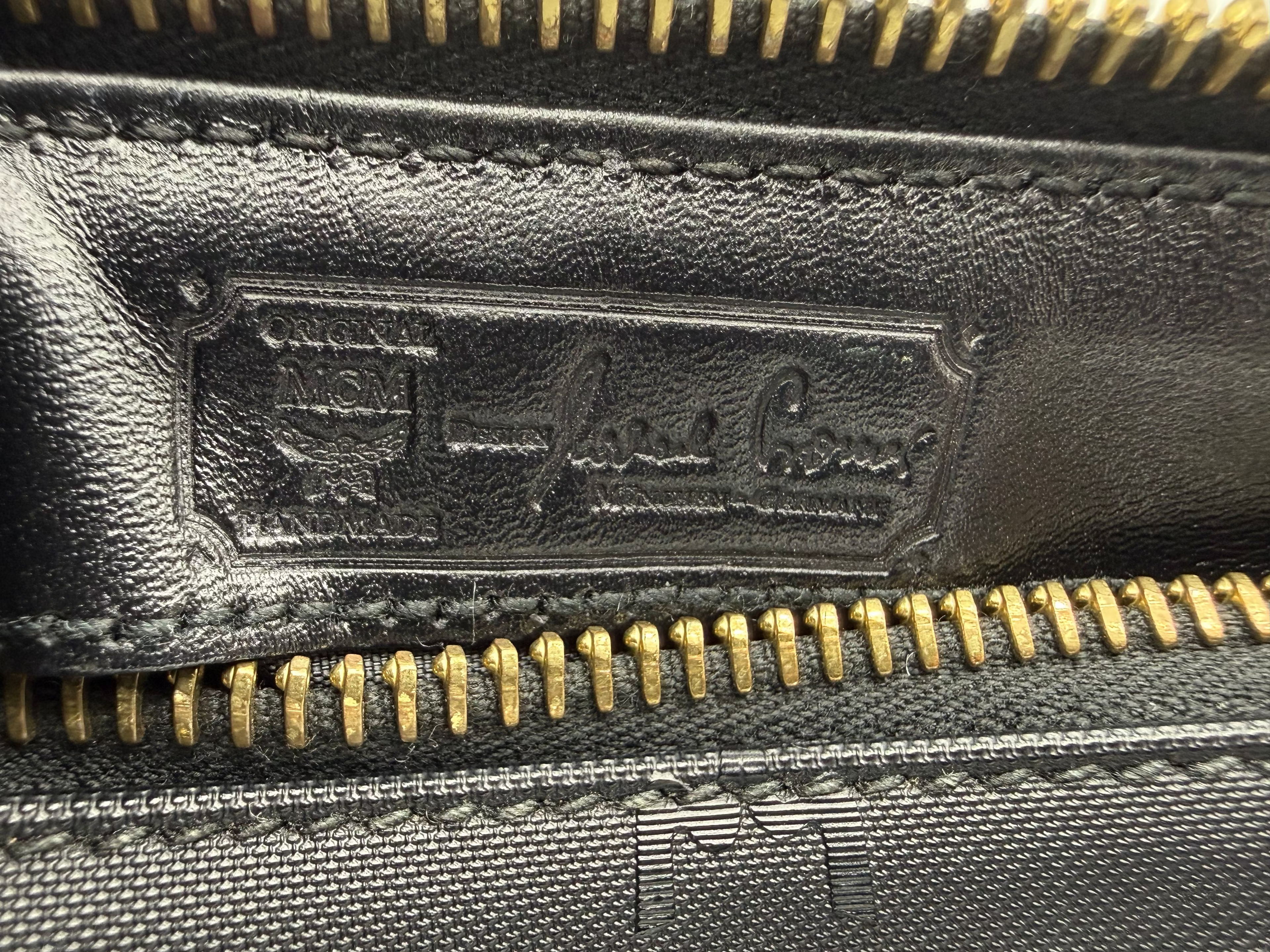 MCM Visetos Logogram 2-Way Hand Bag – Black PVC Leather with Gold Hardware (SKU: gh828)