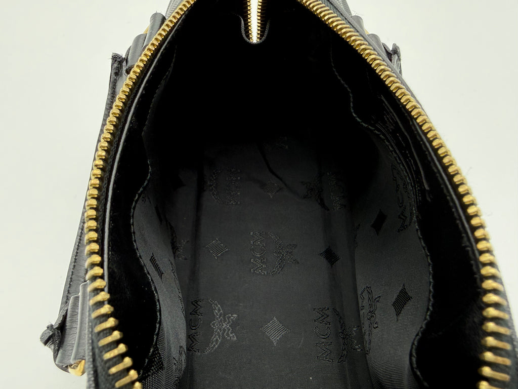 MCM Visetos Logogram 2-Way Hand Bag – Black PVC Leather with Gold Hardware (SKU: gh828)