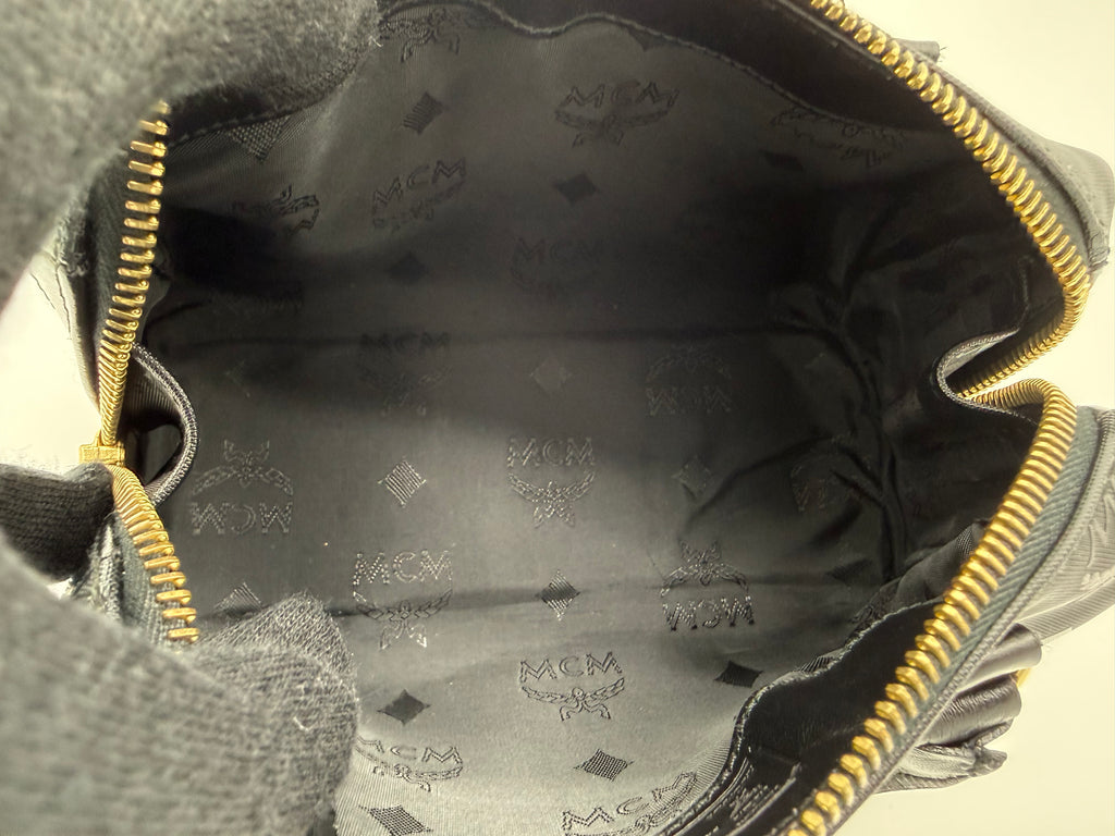 MCM Visetos Logogram 2-Way Hand Bag – Black PVC Leather with Gold Hardware (SKU: gh828)