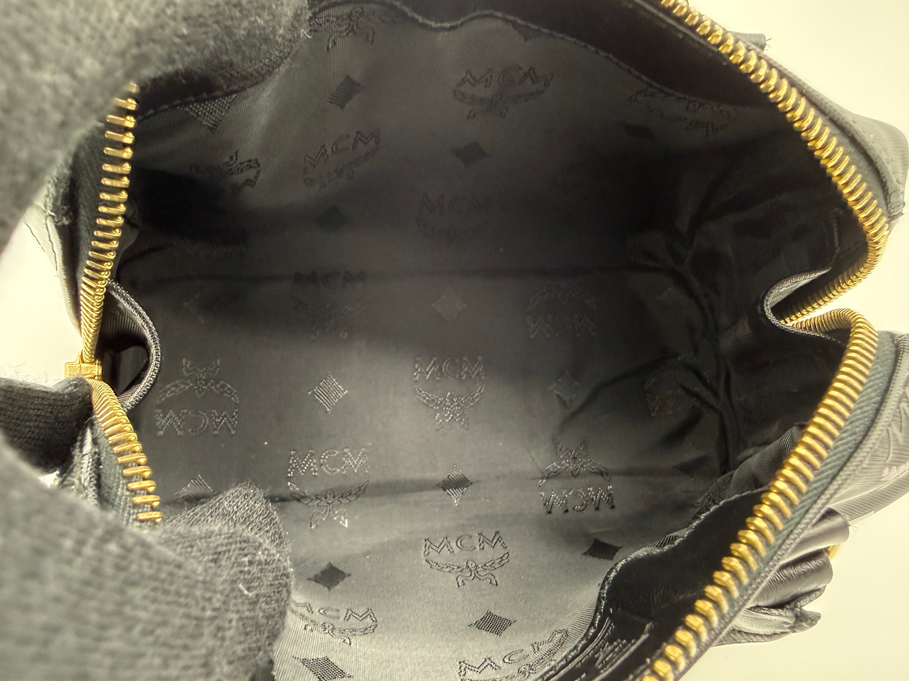 MCM Visetos Logogram 2-Way Hand Bag – Black PVC Leather with Gold Hardware (SKU: gh828)