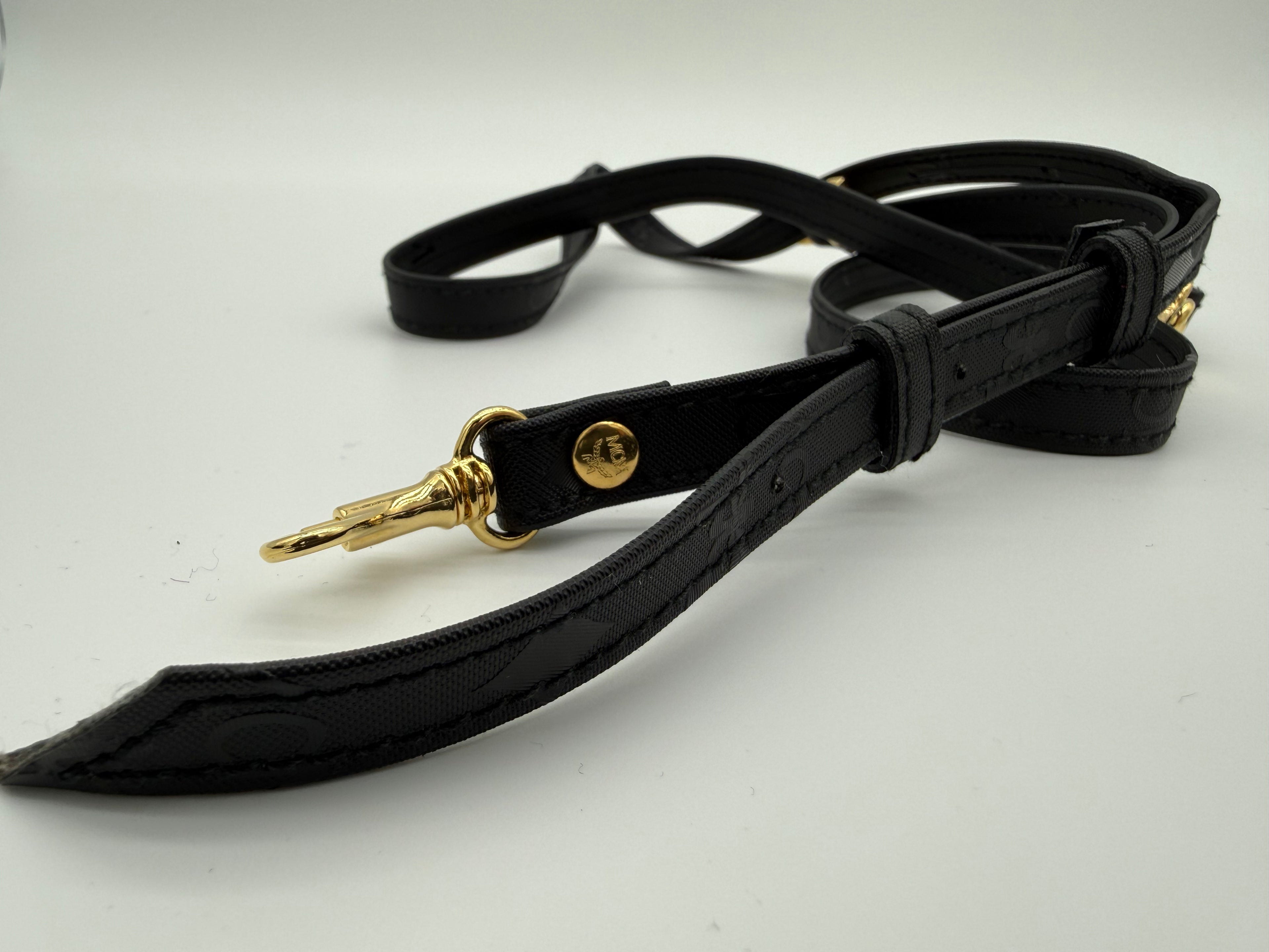 MCM Visetos Logogram 2-Way Hand Bag – Black PVC Leather with Gold Hardware (SKU: gh828)