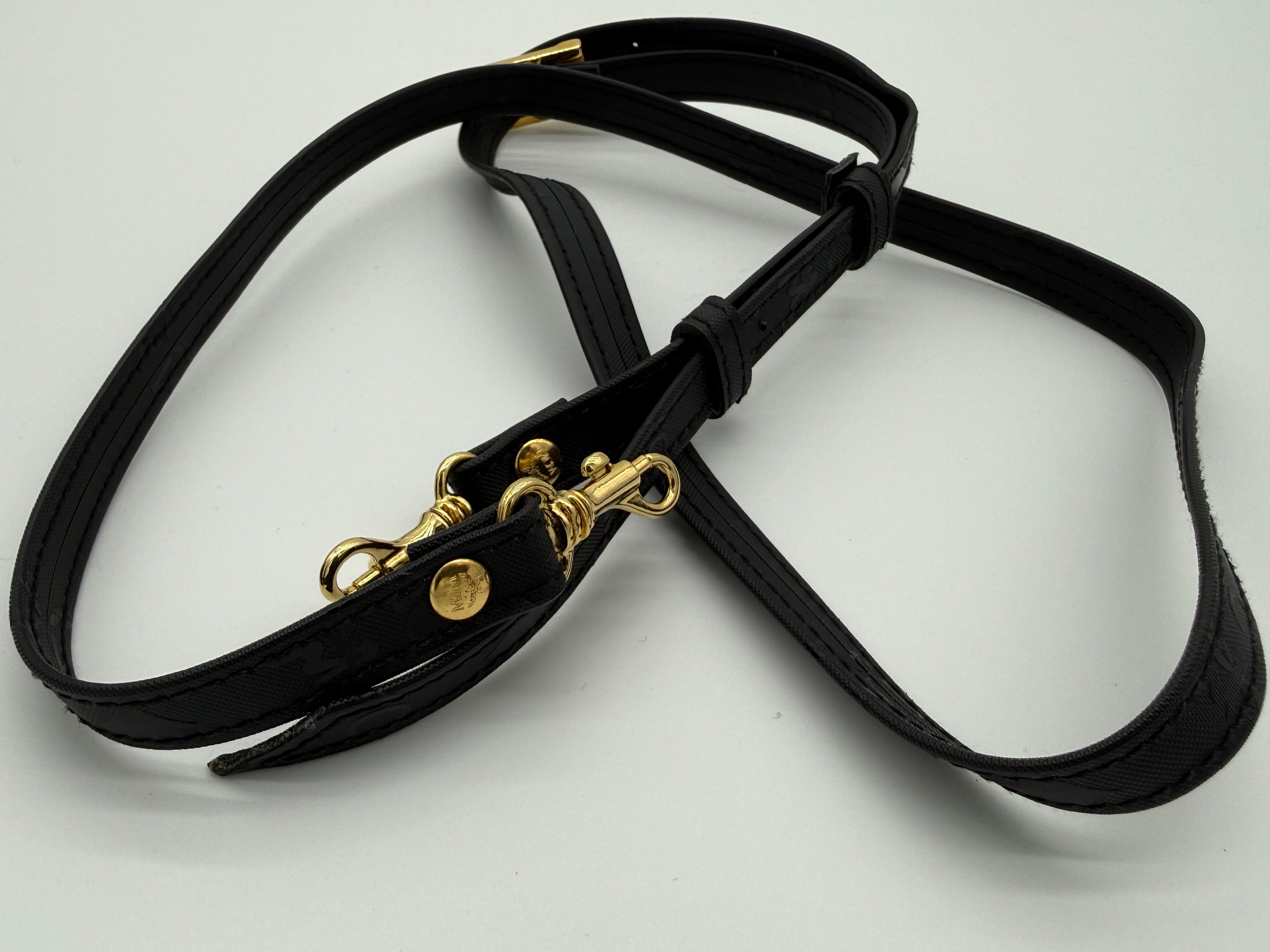 MCM Visetos Logogram 2-Way Hand Bag – Black PVC Leather with Gold Hardware (SKU: gh828)