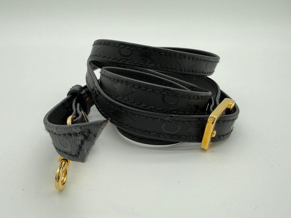 MCM Visetos Logogram 2-Way Hand Bag – Black PVC Leather with Gold Hardware (SKU: gh828)