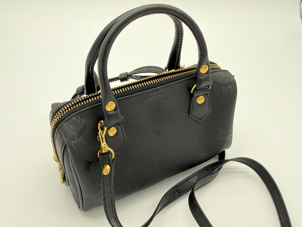 MCM Visetos Logogram 2-Way Hand Bag – Black PVC Leather with Gold Hardware (SKU: gh828)