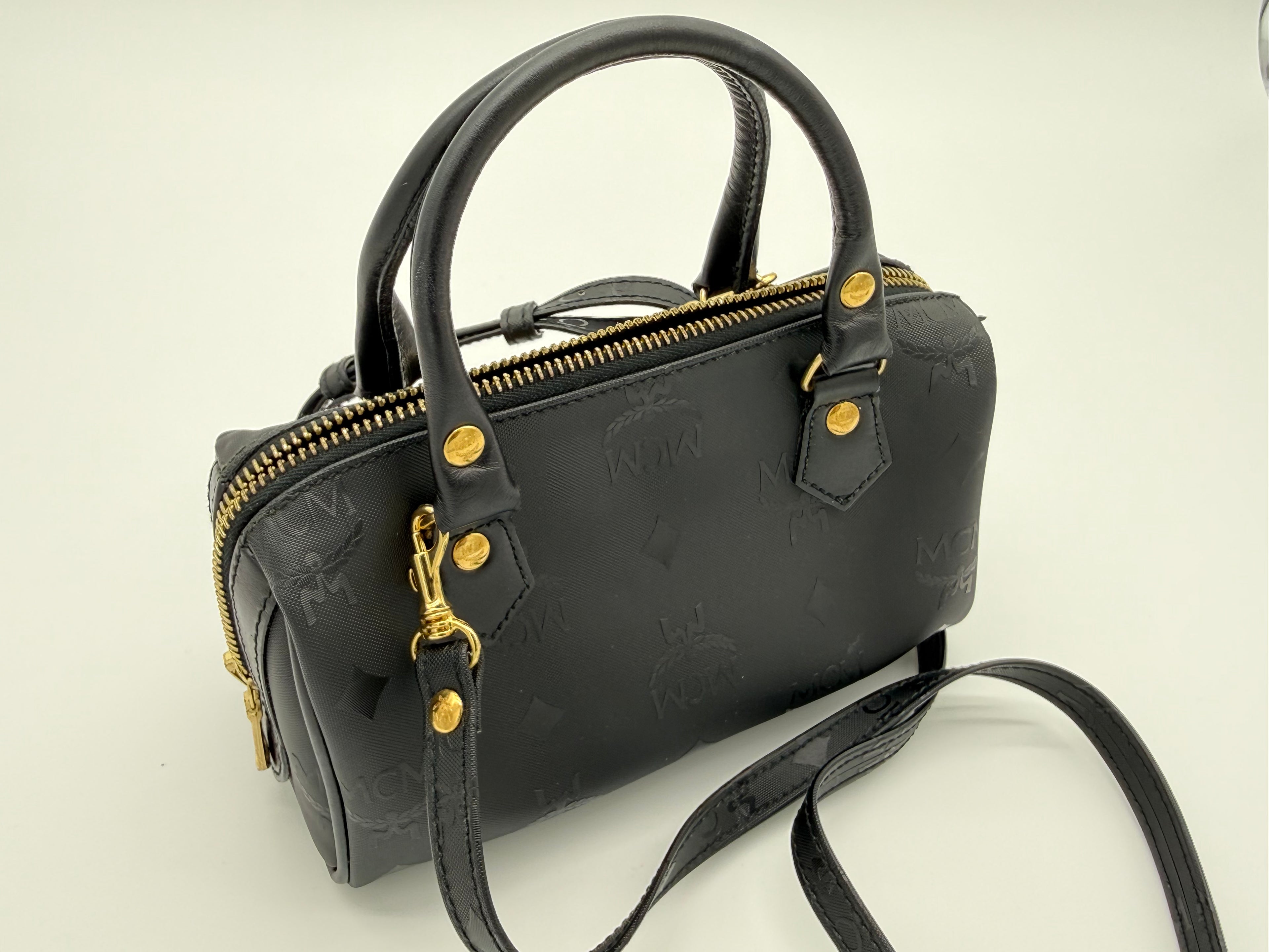 MCM Visetos Logogram 2-Way Hand Bag – Black PVC Leather with Gold Hardware (SKU: gh828)