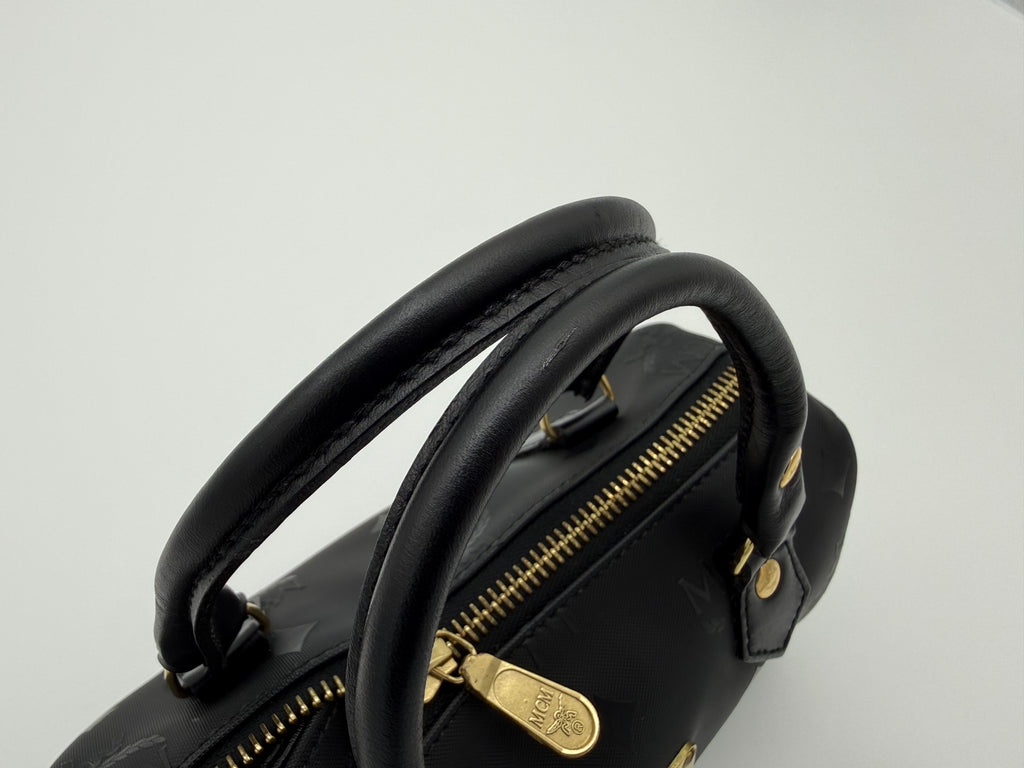 MCM Visetos Logogram 2-Way Hand Bag – Black PVC Leather with Gold Hardware (SKU: gh828)